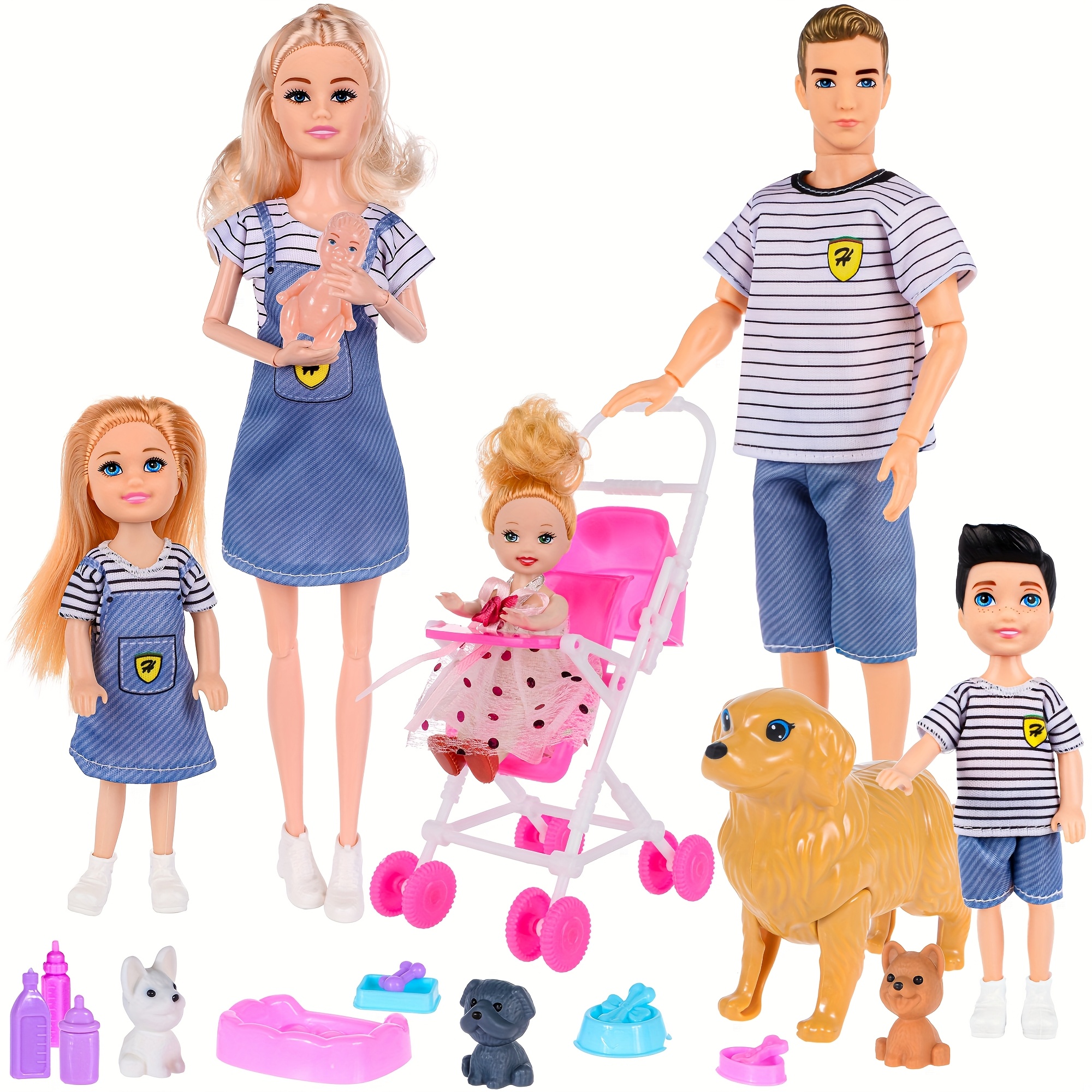 TEMU Family Dolls Set Of 6 People With Dollhouse Pets Included Baby Stroller Toy, Pregnant Mom Dad 3 Kids And A Little Baby In Tummy, Doll Playsets