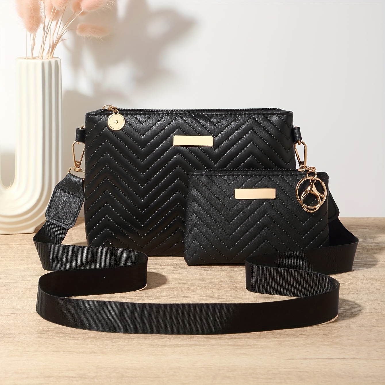 Image of Two-piece Set Of Women's New Fashionable Embossed Woven Multi-functional Crossbody Bag, Shoulder Bag, Clutch, Detachable Strap With Secure Zipper