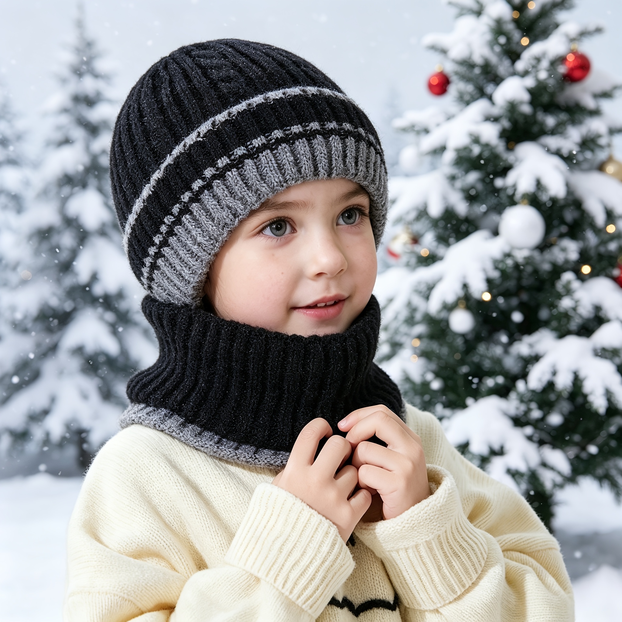 TEMU Ensemble 2 pièces pour jeunes enfants, Bonnet d'hiver épais et chaud en avec pour les oreilles et Cache-cou pour garçons et filles, Décontracté
