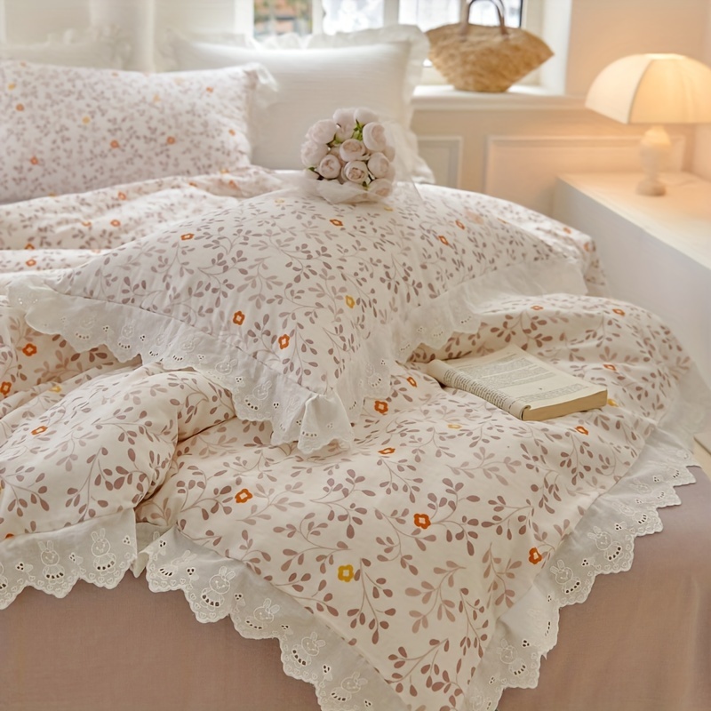 Floral Cotton Duvet Cover,Cute Rabbit Duvet Cover,Double Yarn Princess Lace Soft Duvet Cover,Floral Bedding,4pcs Full Queen Duvet Cover Set newest