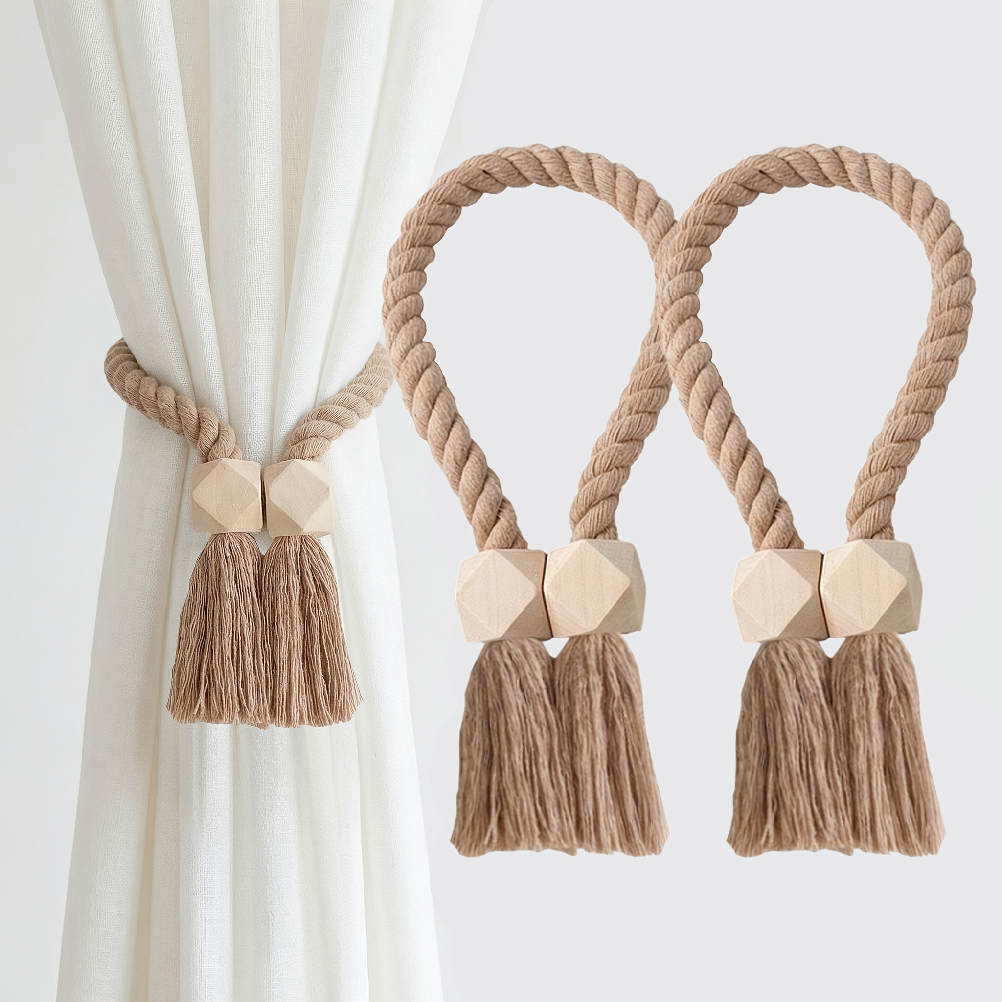 TEMU 2pcs, Bande de rideau magnétique en perles de bois, Bande de rideau en corde à , Style bohème, avec perles de bois géométriques, à , Bande de