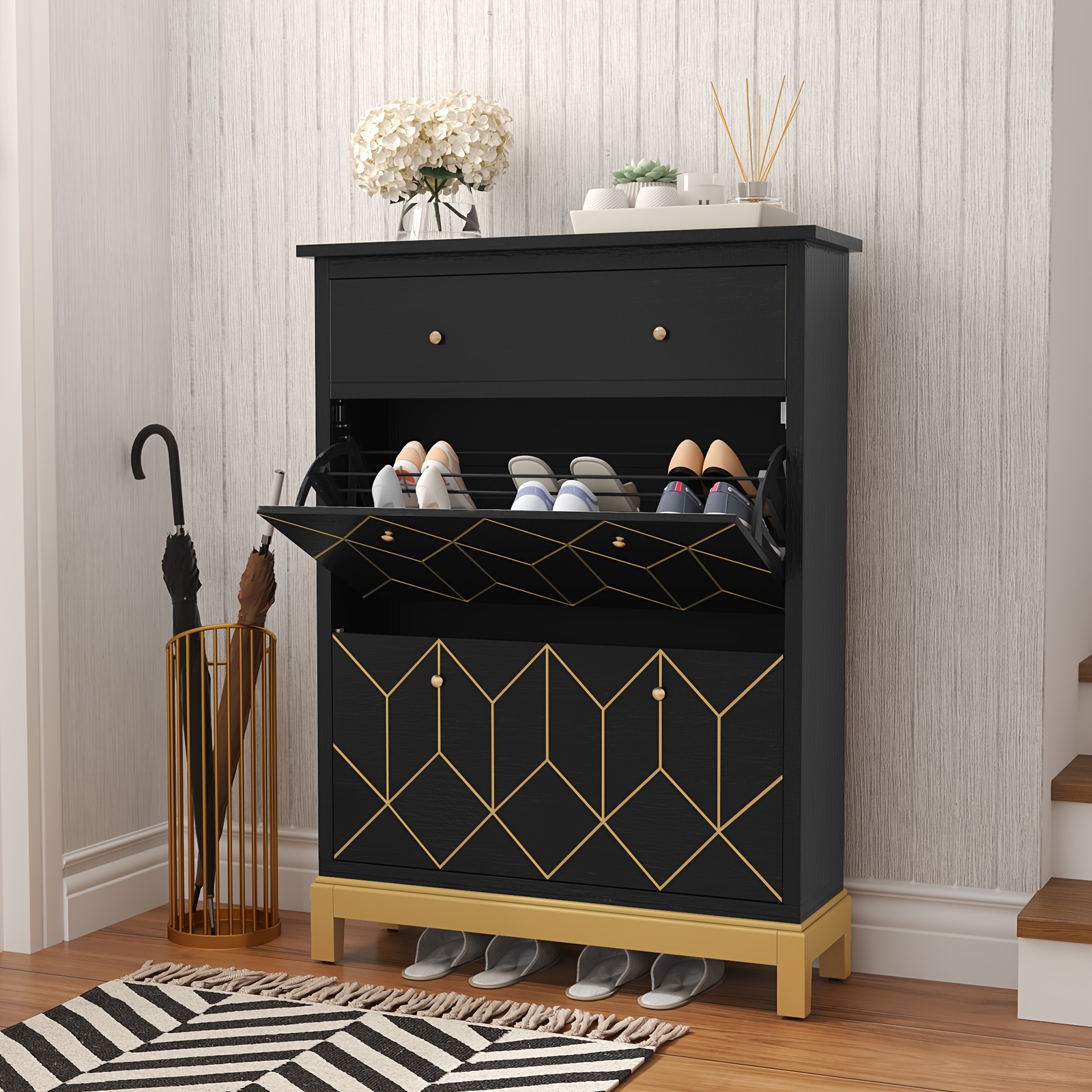 Tall Narrow Shoe Rack With 2 Panels And 2 Drawers, Adjustable Shoe Cabinet Specifically For Entryway Use