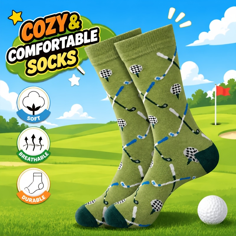TEMU 1 Pair Men' Golf Pattern Crew Socks, Autumn Winter Casual Mid-calf Socks, Comfortable Warm Sports Socks For Men, Novelty Golf Lover Socks,