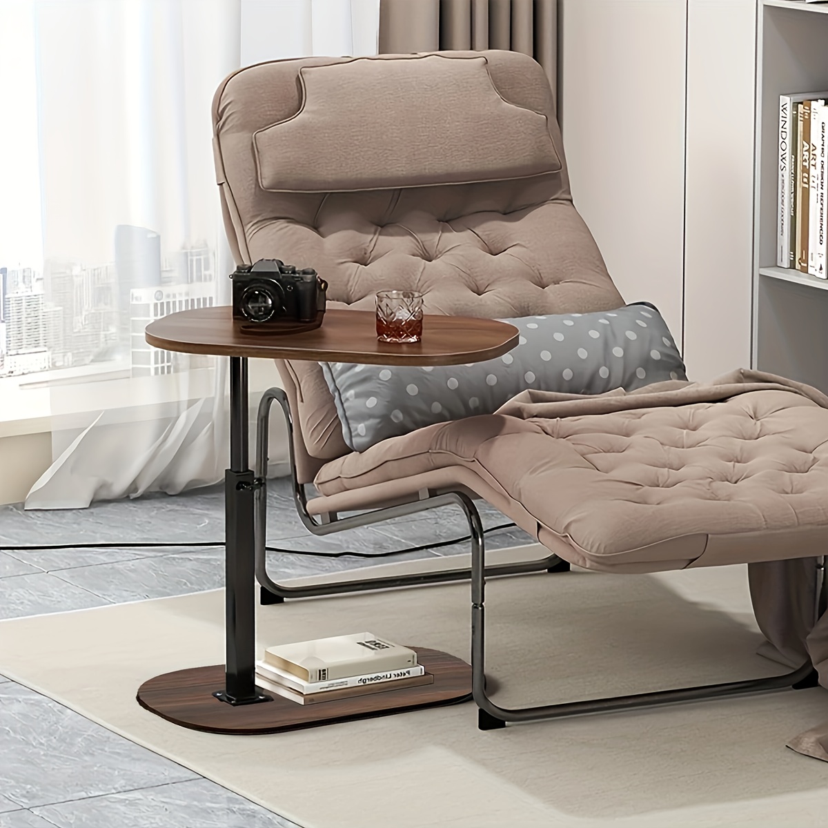 1pc 360-degree retractable   side table, minimalist coffee table, space-saving sofa side table, movable sofa snack table with metal stand for bedroom, living room and small spaces, nightstan 0