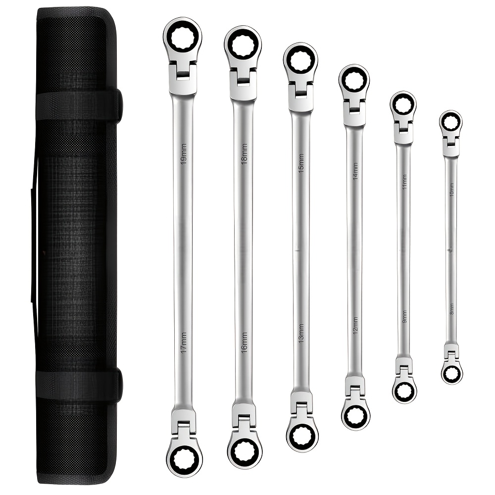 TEMU Horusdy 6pcs Flex-head Extra Long Ratcheting Wrenches Set End Metric 8-19 Mm 72-tooth Universal Chrome Vanadium Steel With End Rolling Pouch,
