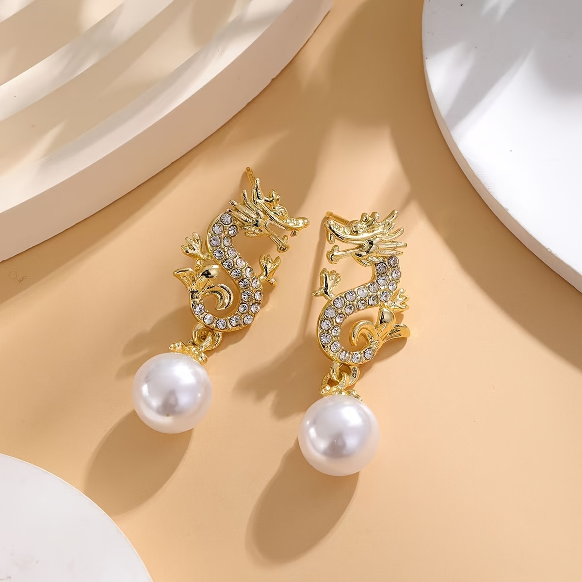 TEMU Elegant And Luxurious Earrings Featuring A Festive Dragon Design For Year, With Zodiac Pearls, Stylish And Sophisticated