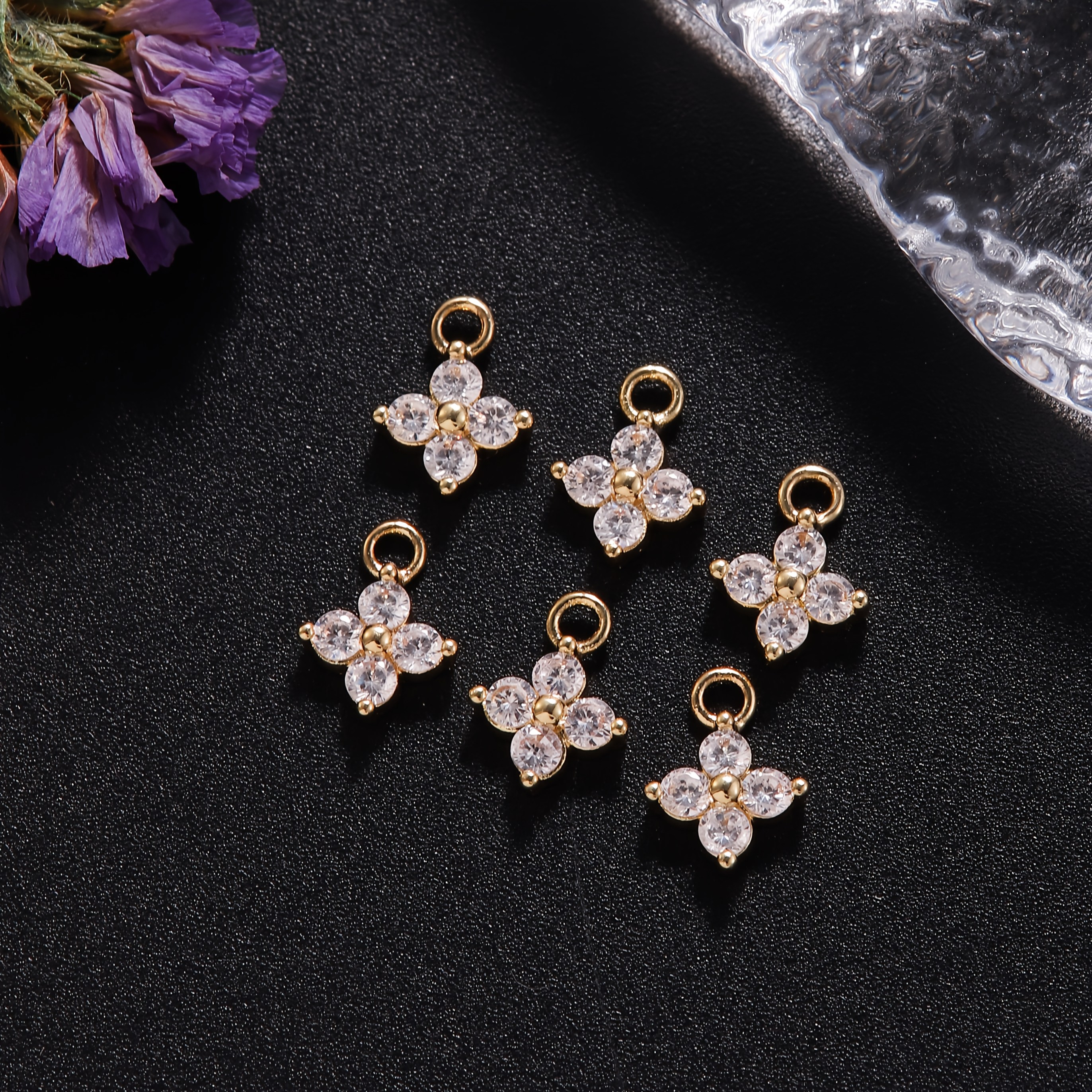 TEMU 6pcs Flower Pendant Micro-inlaid Zirconia Pendant Copper Material, Suitable For Jewelry Making Earrings, Bracelets, Anklets, Waist Chain