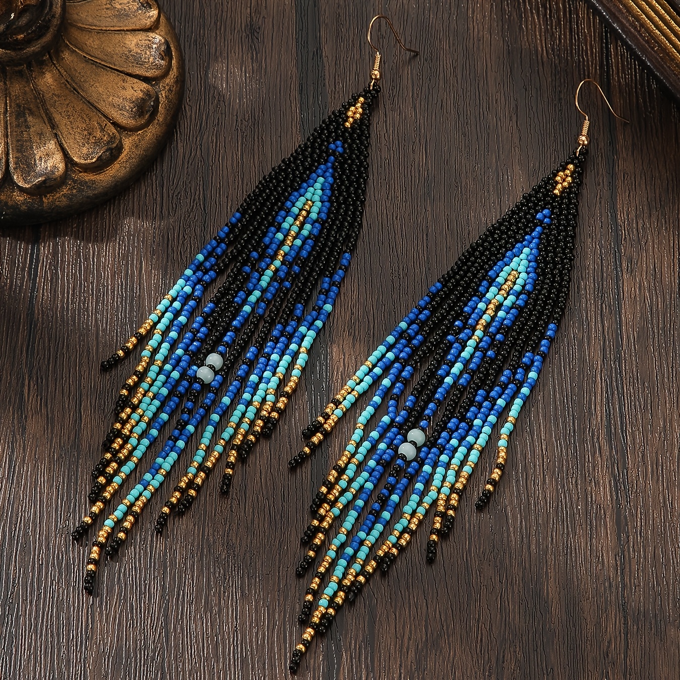 TEMU 2pcs Women's Fashion Dangle Earrings, Bohemian Beaded Earrings, Vintage Style, Black And Bead Combination, Geometric Pattern, Gradient Tassel