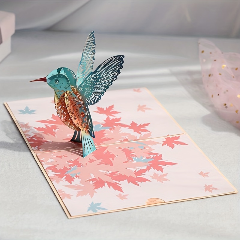 

Carte de vœux d'anniversaire 3D tridimensionnelle, création en papier découpé en forme de feuille d'érable et d'oiseau, carte de vœux d'anniversaire avec message de bénédiction