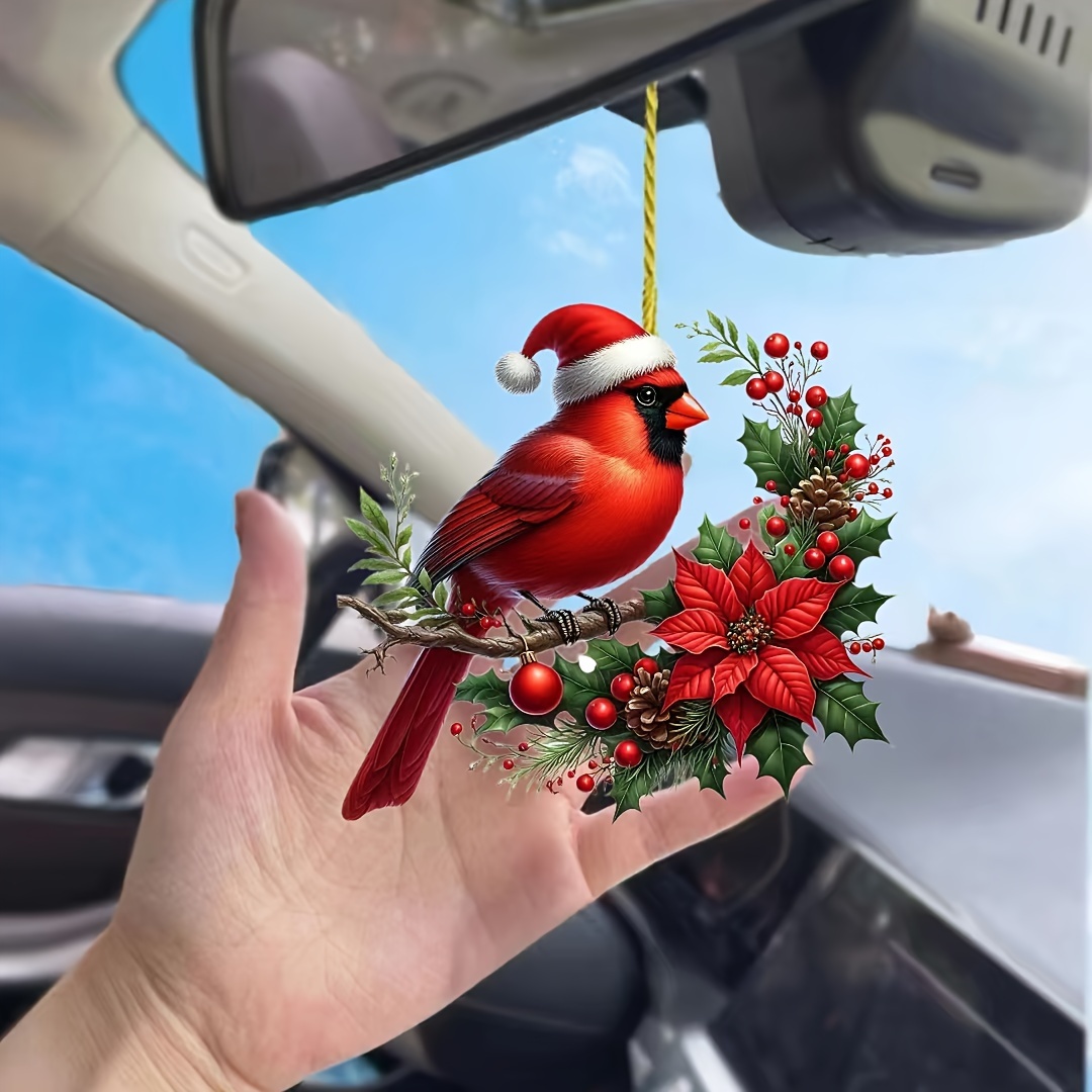 

1pc Acrylic Bird Pendant With Santa Hat & Holiday Wreath - Hanging Christmas Decoration For Mirror, Backpack, Keychain - Festive Party Ornament, Electricity-free