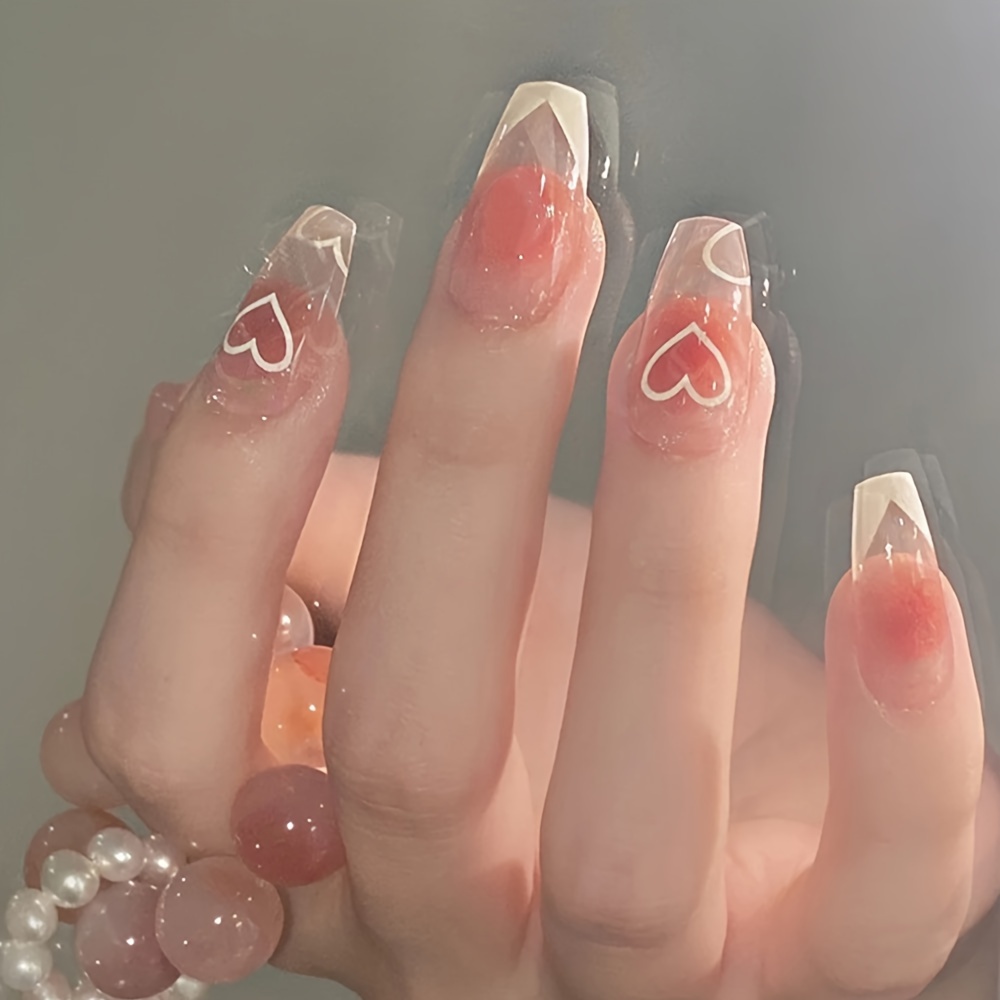 TEMU 24pcs French Nude Heartbeat Love Press-on Nails With 1pc Tape And 1pc Nail File