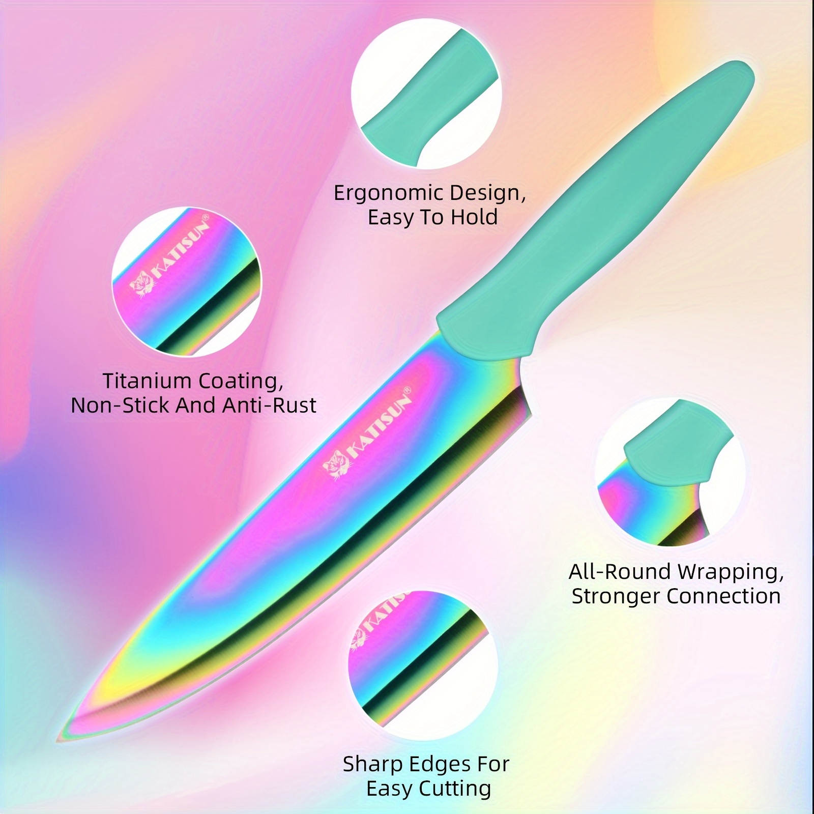 Set of 7 Rainbow Titanium Coated Stainless Steel Knives in a Box, Rust-Resistant And Dishwasher Safe, Includes 6 Knives with Blade Covers And Kitchen Scissors