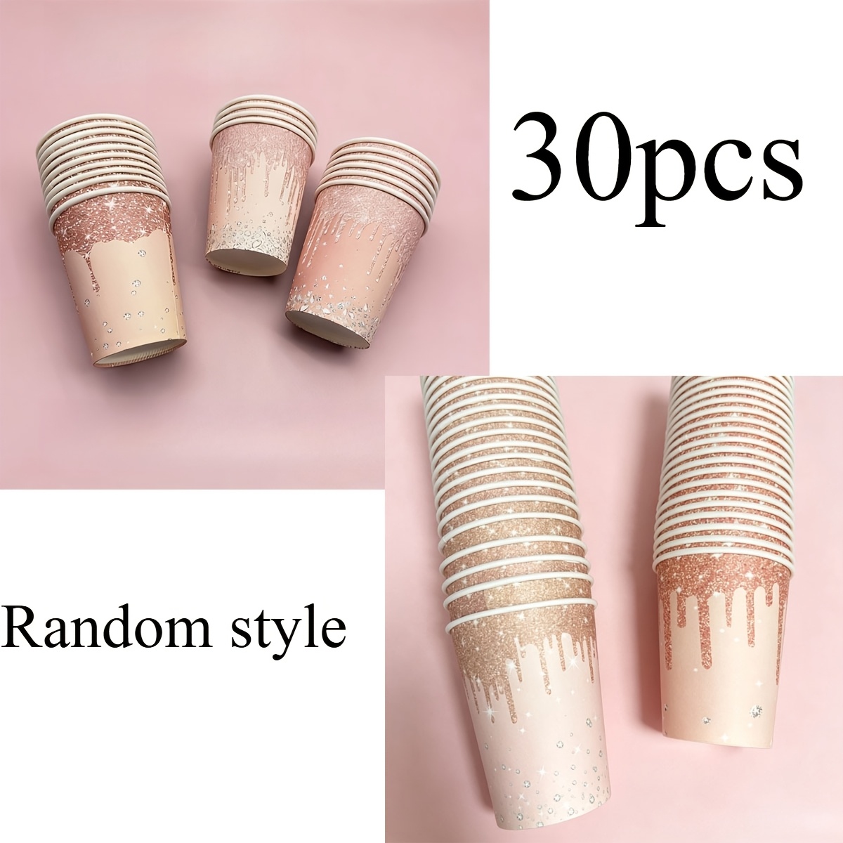 Image of 30pcs Rose Golden Birthday Party Paper Cups 9oz Pink Cups Supplies Rose Golden Theme Party Cup For Women Birthday Wedding Shower Party Favors Decorations (random Style)