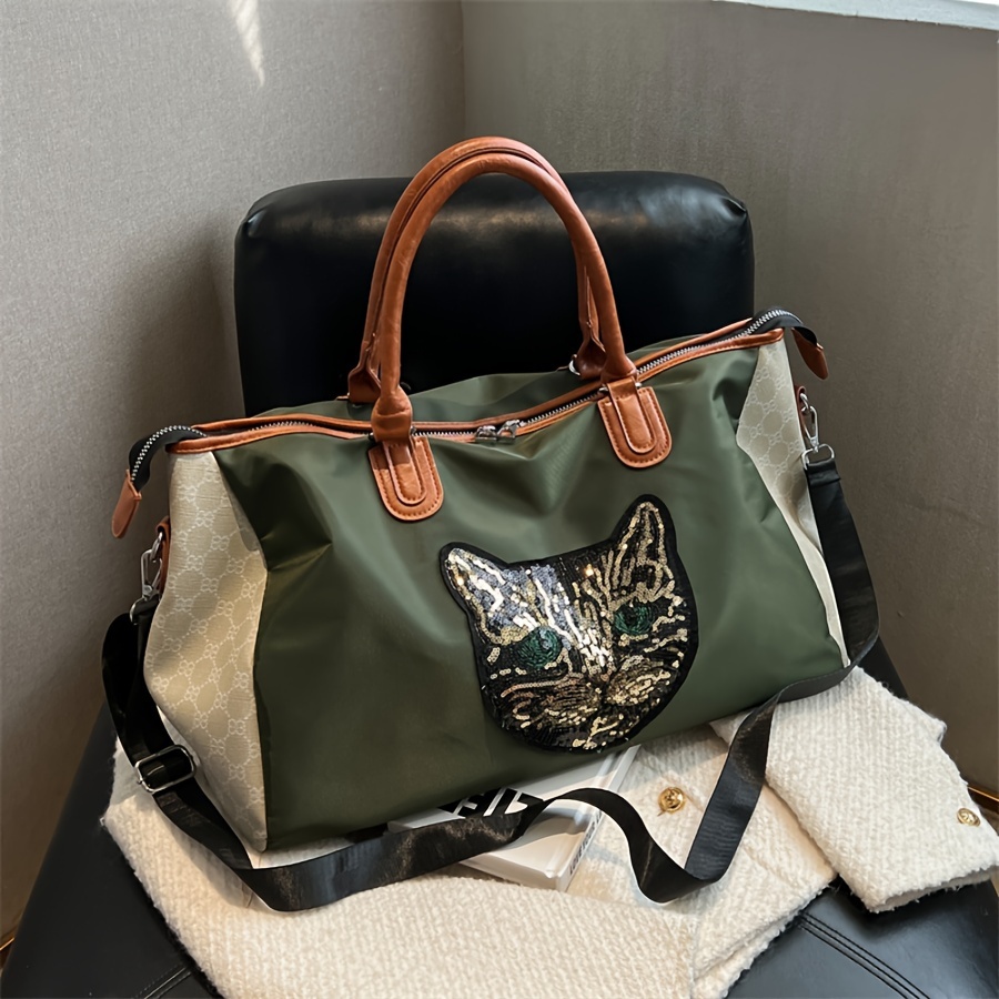 large capacity sequins cat pattern luggage handbag versatile portable duffle bag short distance zipper storage bag details 3