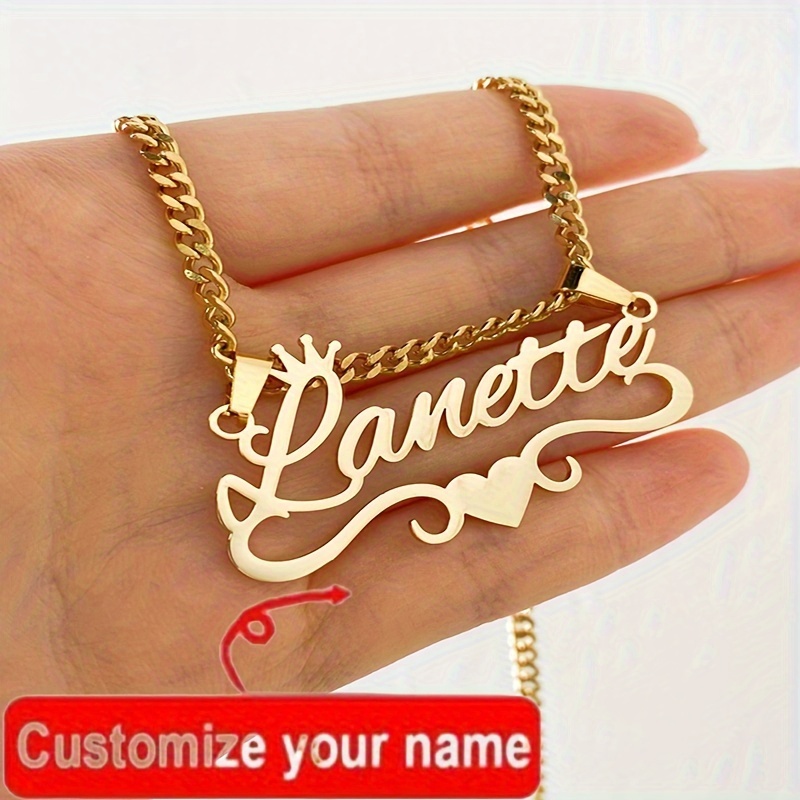 

Customizable Stainless Steel Cuban Chain Necklace With Heart Nameplate Pendant - Elegant Golden- Jewelry Gift For Women, Mom Or Girlfriend, Personalized Necklace