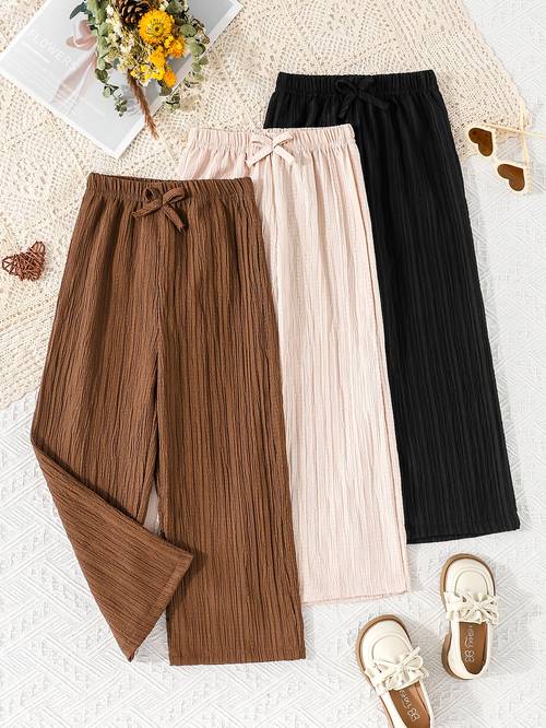 3pcs young girl solid color loose fit casual wide leg pants for spring summer suitable for outdoor wear outdoor