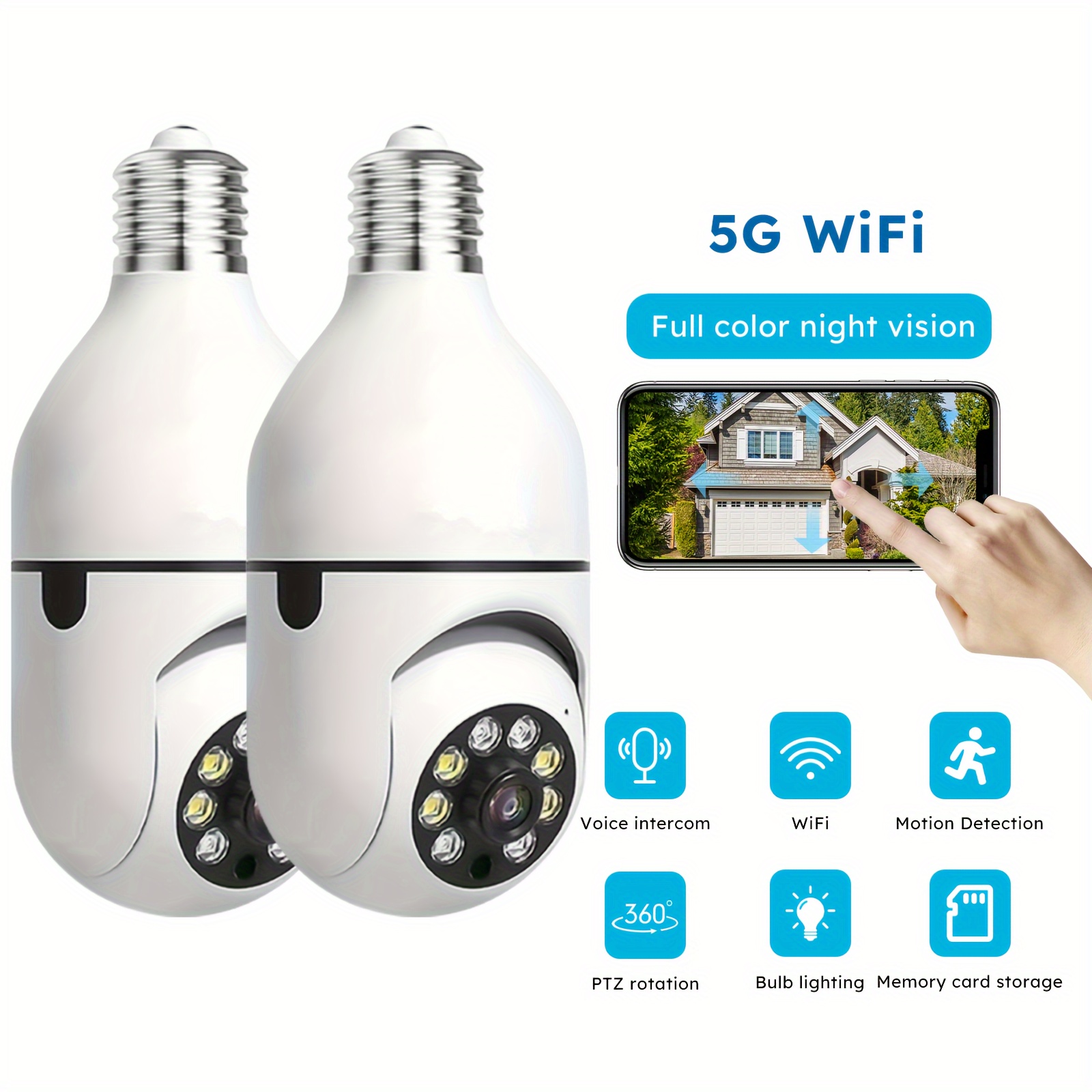 TEMU 2pcs APP - Ampoule avec Caméra de Sécurité 5GHz Intérieure Extérieure WiFi Fil, , Ampoule E27 à Visser, Caméras de Sécurité , Caméras Ampoule de