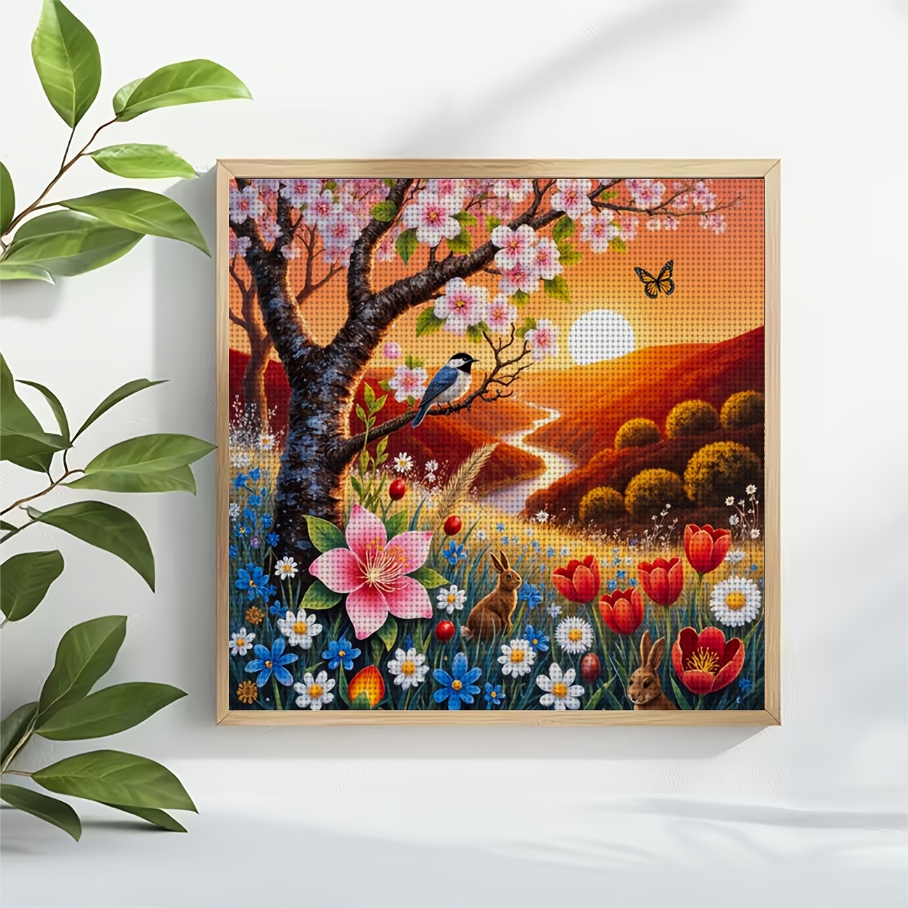 DIY Cross-Stitch Printed Kit with Flower Tree and Birds