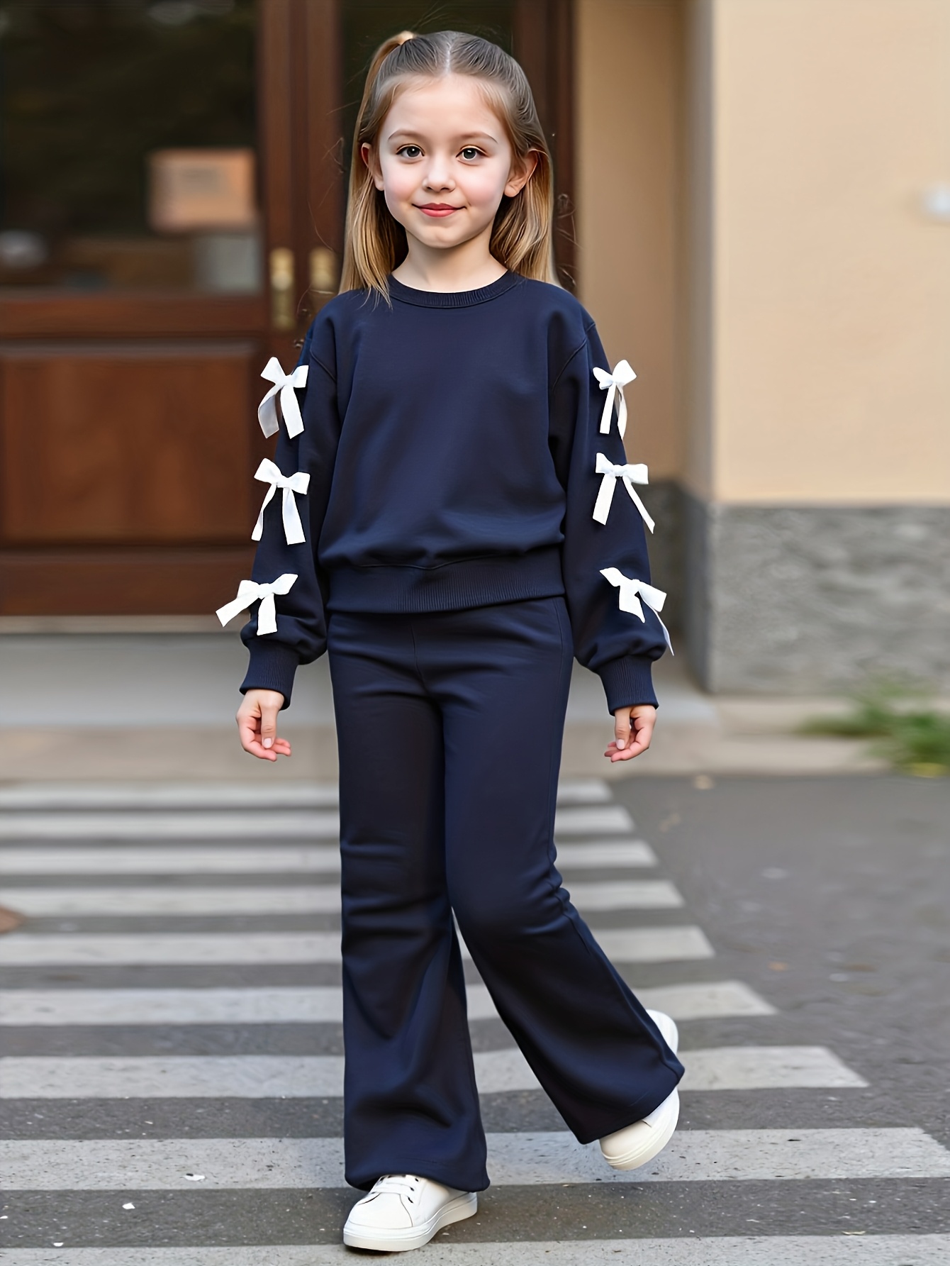 girls casual fashion round neck bow two piece outfit Product details 3