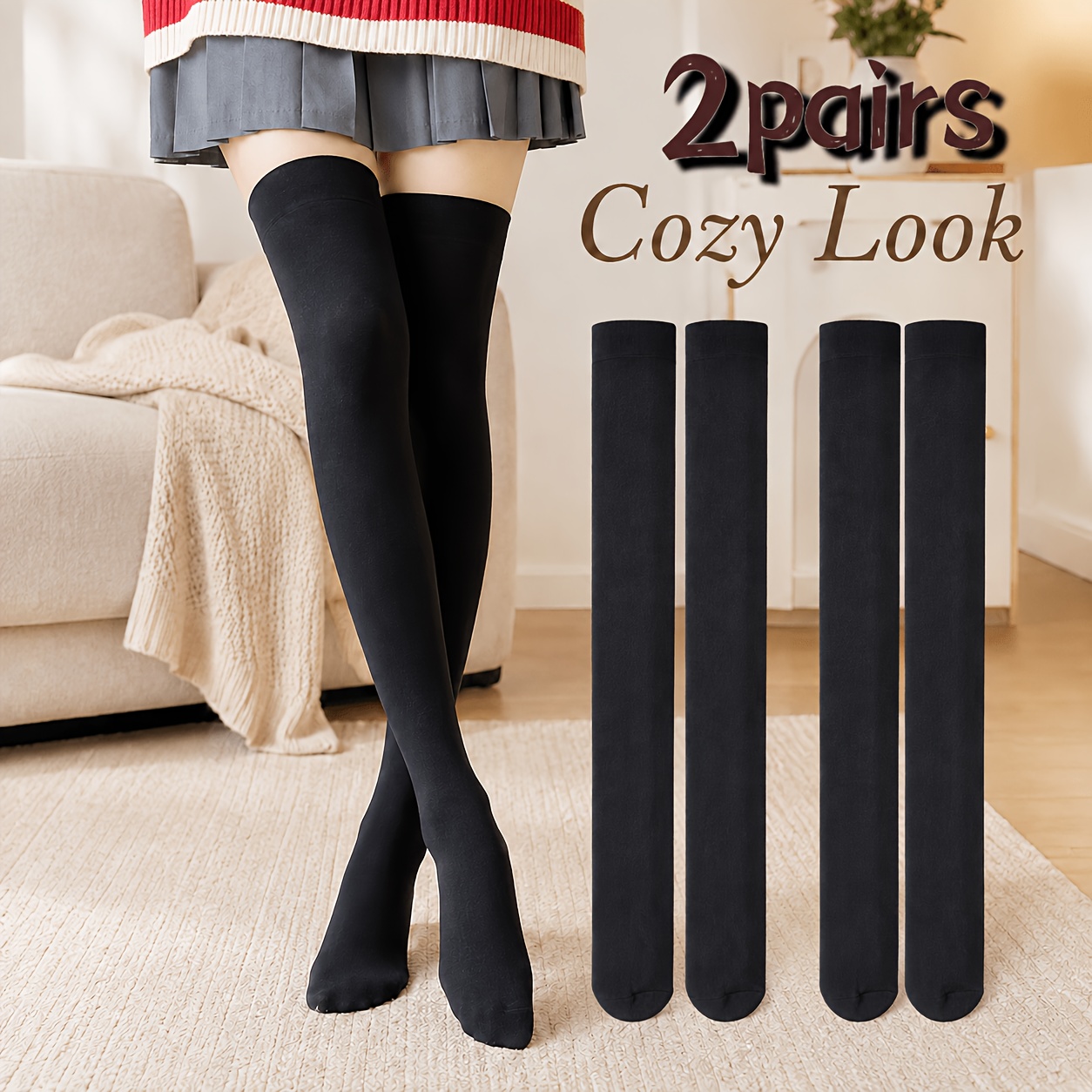 TEMU 2 di calze sopra il ginocchio nere - Calze cosciali morbide e spesse adatte per gonne JK, scarpe da ginnastica, uniformi, lavabili a , eleganti