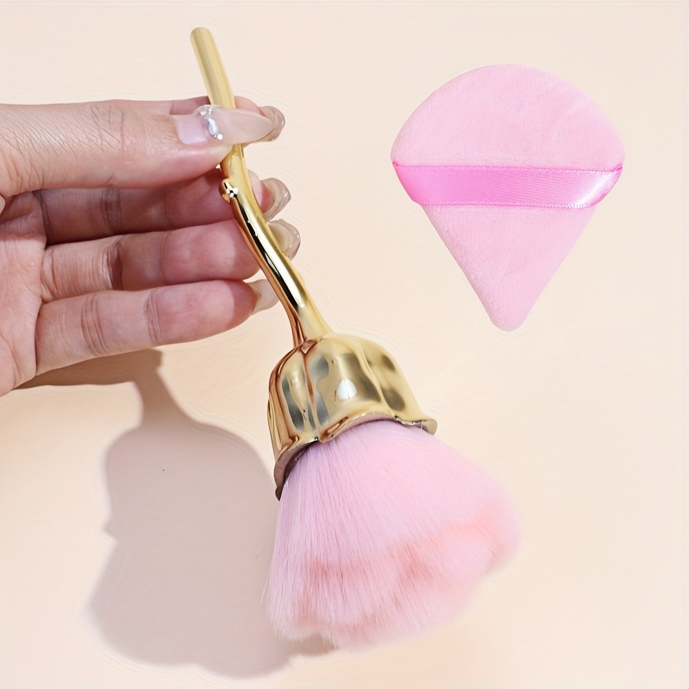 -shaped Blush Brush + 1 Puff, Pink Loose Powder Brush, Nail Art Dust Brush, Portable Multi-functional Makeup Tool