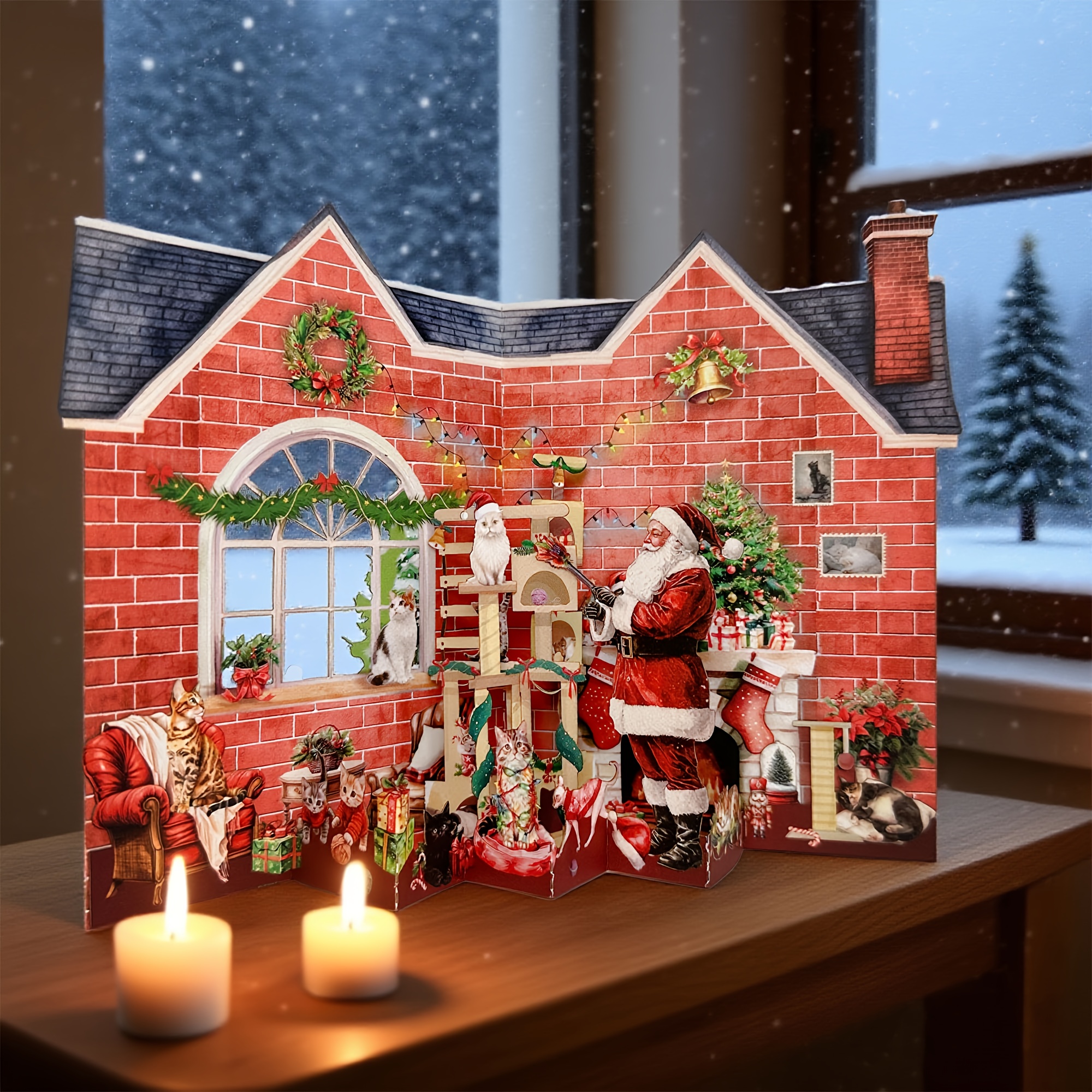 Image of 3d Christmas Cat Pop-up Greeting Card, Featuring A With A Christmas Tree, Santa Claus, And Festive Kittens. Perfect For Holiday Gifts And Party Favors, Vintage Style For The