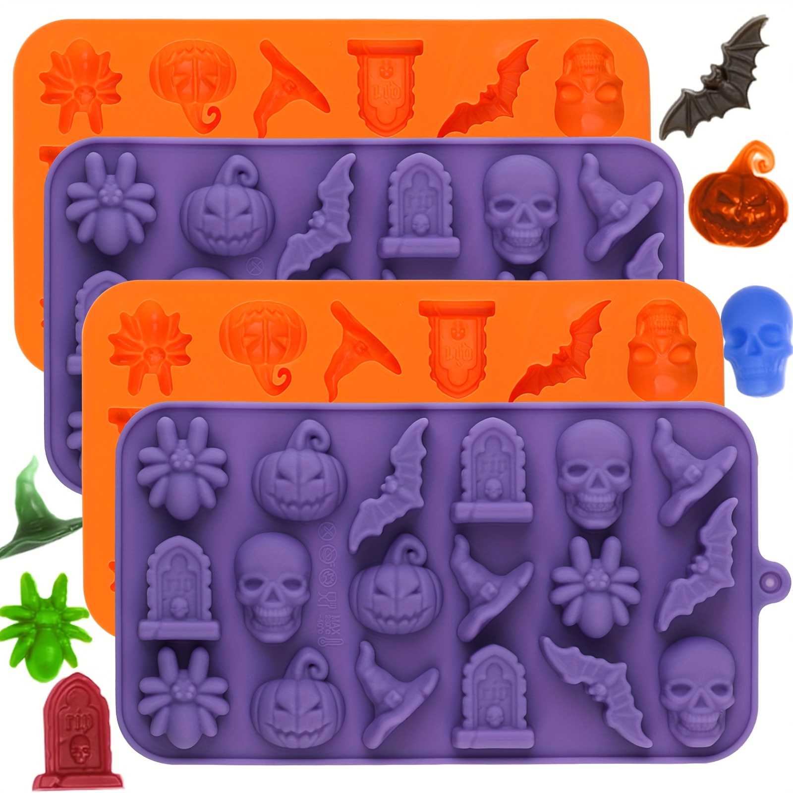 Image of A Set Of 4 Halloween Candy Silicone Molds, Featuring Halloween Silicone Chocolate Molds, 3d Molds For Chocolate, Candy, And Gummies Shaped Like Skeletons, Pumpkins, Bats, , Witch Hats