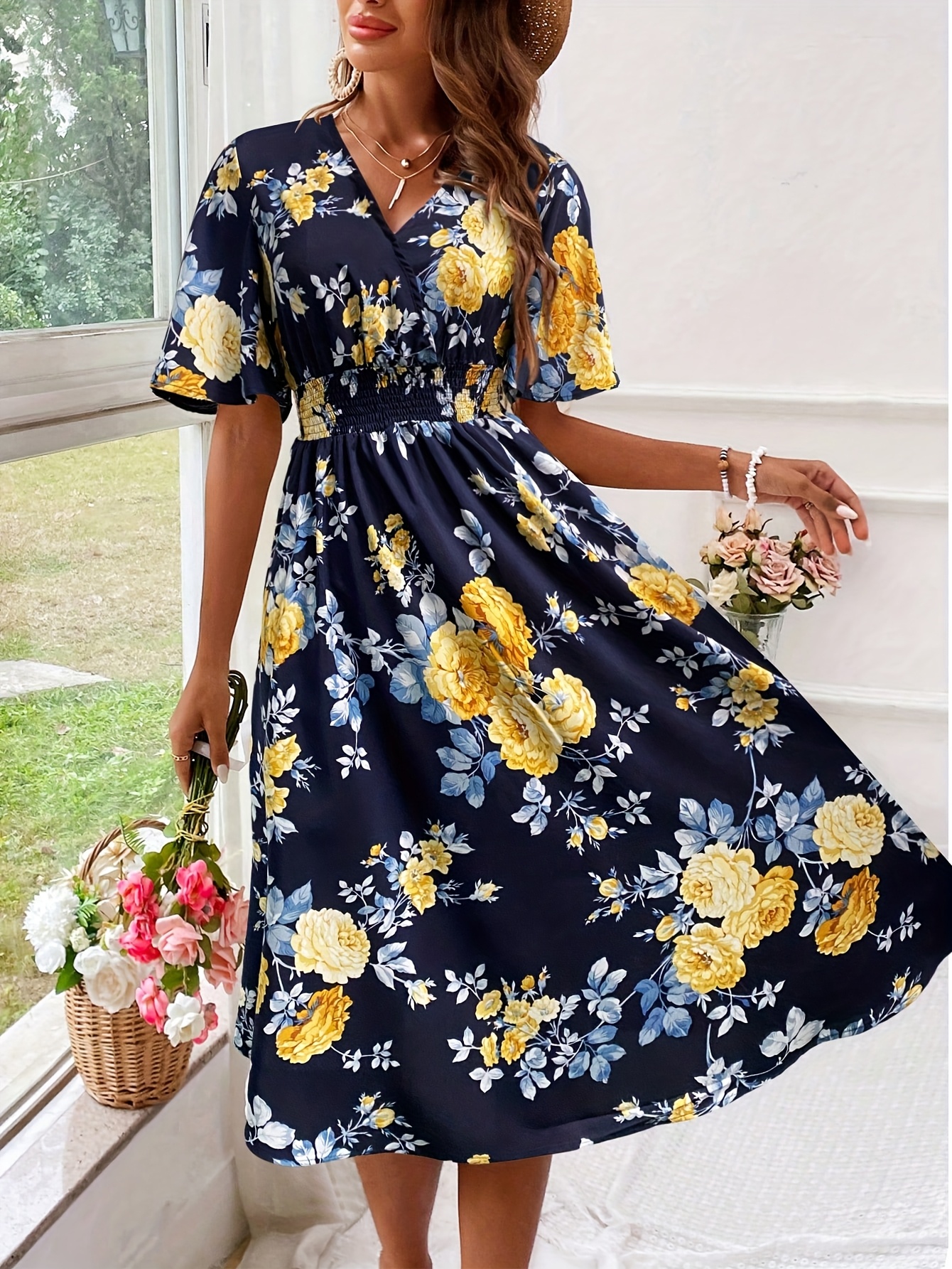 Floral Print Navy Yellow Floral Dress Printed Dress Navy Blue And