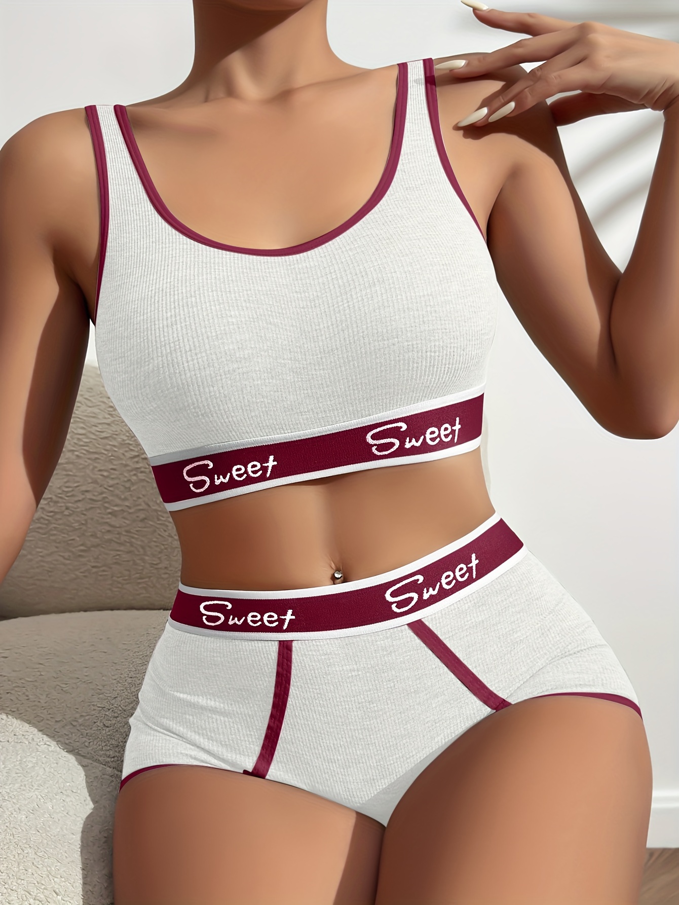 Letter Print Bra & Panties, Push Up Sports Bra & Elastic Panties Lingerie  Set, Women's Lingerie & Underwear