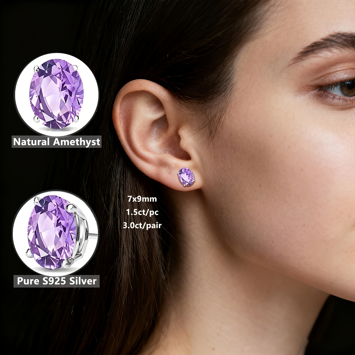 TEMU Elegant Natural Amethyst S925 Silver Earrings, Featuring Oval-cut Natural Amethyst, The Birthstone For , And Easy , A Perfect Natural Jewelry