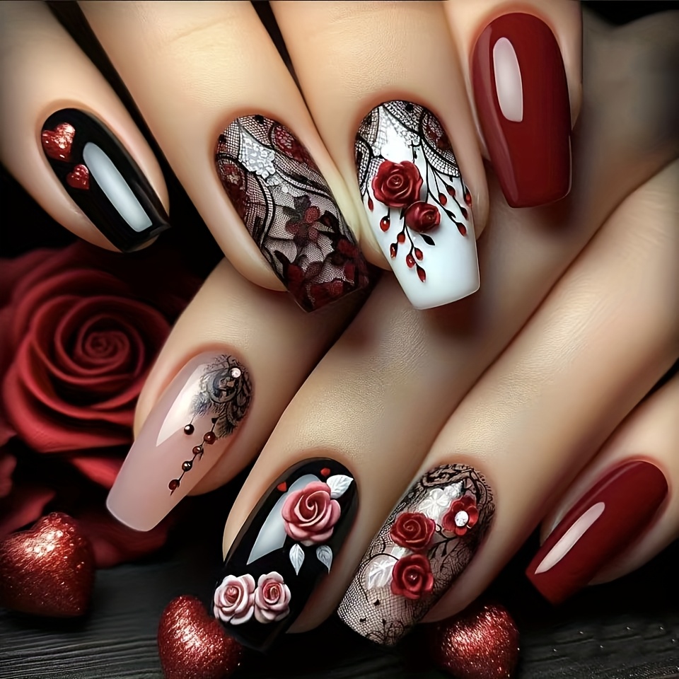TEMU 27pcs Female Rose Lover Fake Nails Rose Valentine's Day Red Armor Romantic Temperament Elegant Intelligent Feminine Full Of Wearing Armor
