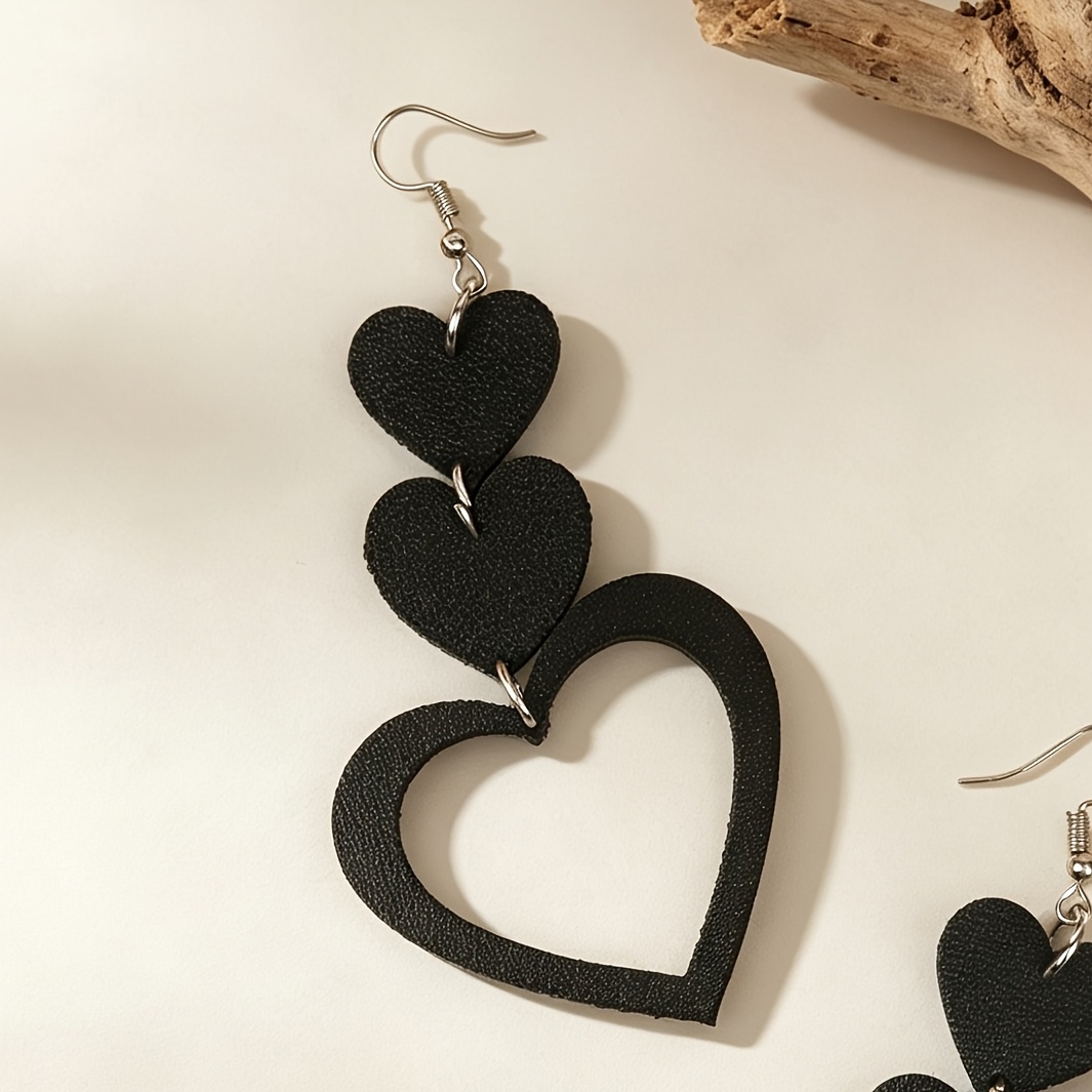 Women's Black Faux Leather Hollow Heart Earrings, Unique Design