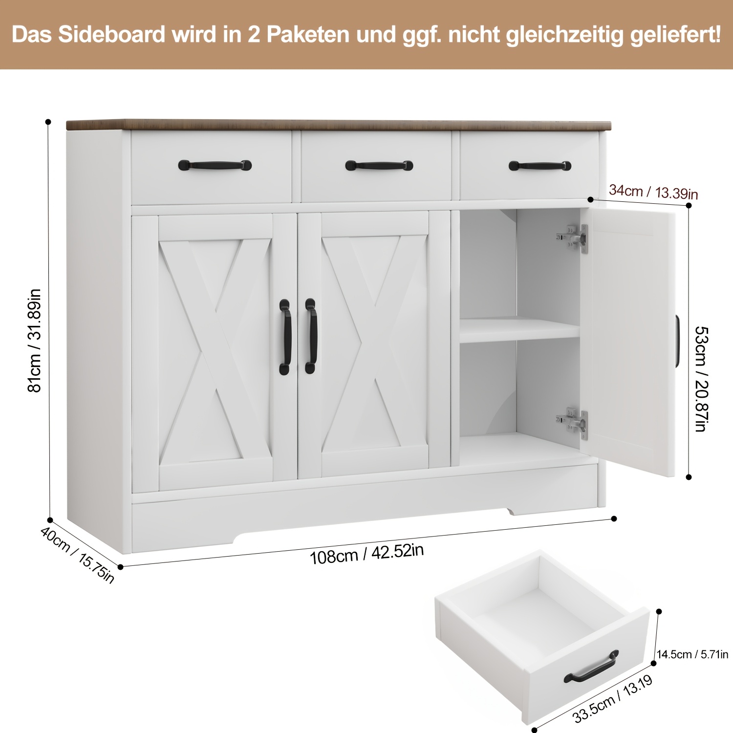 TEMU Sideboard, Kitchen Cabinet With 3 Drawers And 3 Doors, Wooden Storage Cupboard Cabinet For Kitchen, Living Room, Dining Room, Hallway, White And