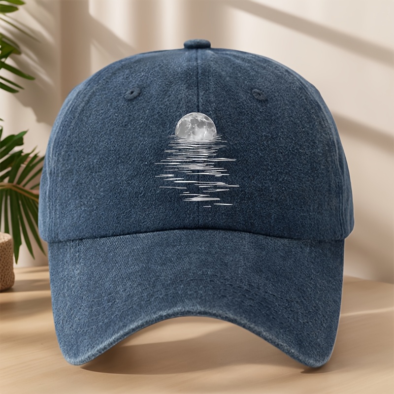 TEMU Makefge Vintage Washed Cap With Moon & Print - Breathable Washed Baseball Hat Suitable For Outdoor, Casual, Sports, Vacation - Hand Washable
