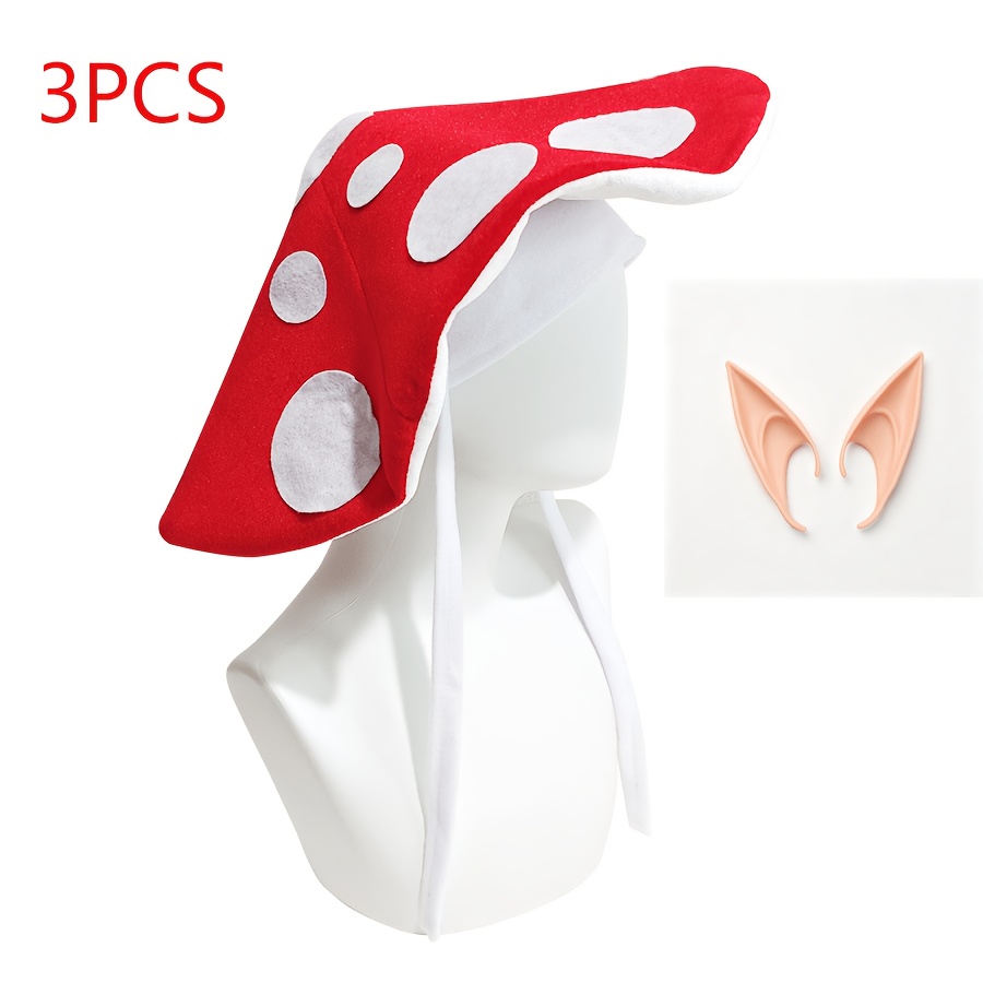 TEMU 3pcs Spotted Mushroom Hat Elf Ears Forest Cartoon Dress-up Headwear Halloween Comic Exhibition Party Portrait Cosplay Additions