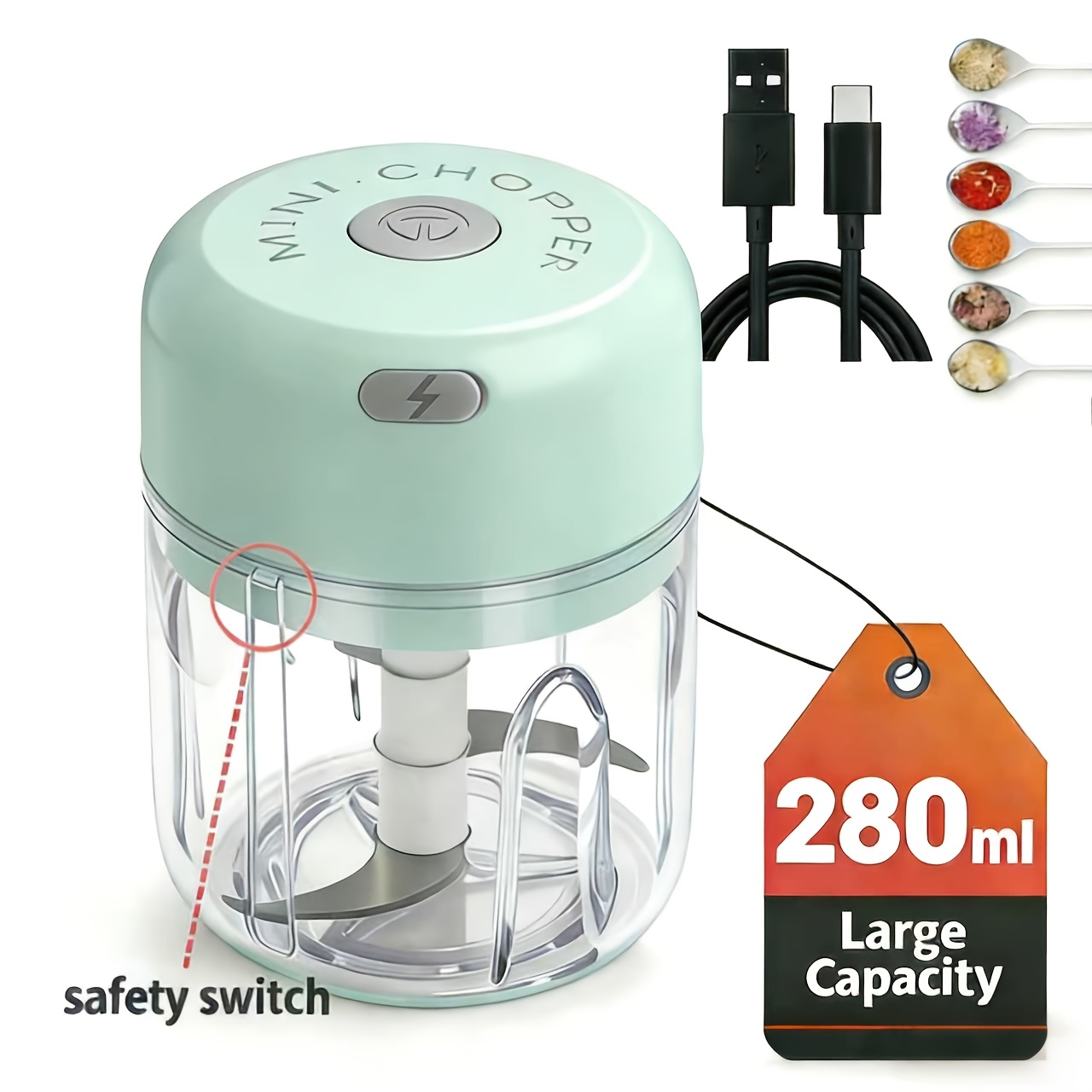 Image of Usb Rechargeable 280ml Electric Garlic Chopper - Fast-chopping Mini Food Processor With 3 , Portable & Easy-use Gadget For Garlic, Chili, Onion, Avocado & Small Meat, Suitable For Home/camping