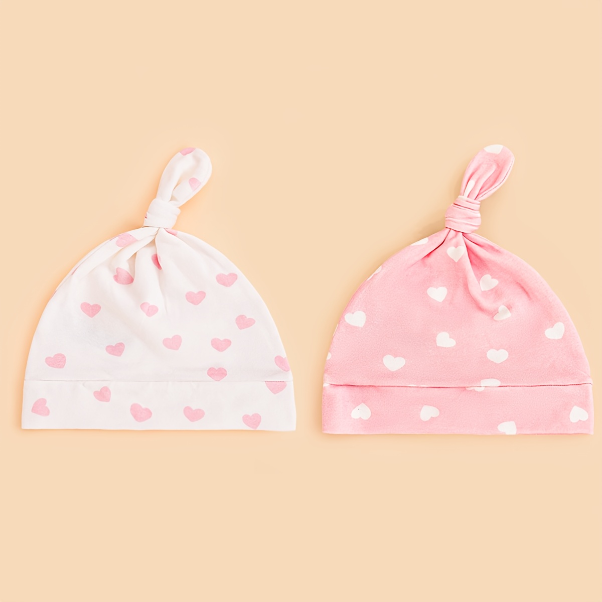 Image of This 2pcs Set Of Cute And Adorable Heart-shaped Knotted Caps For Babies Is Soft, Skin-friendly, Warm And Forehead Protection. Suitable For Babies Aged 0-3 Months For Daily And , And As A Birthday Gift