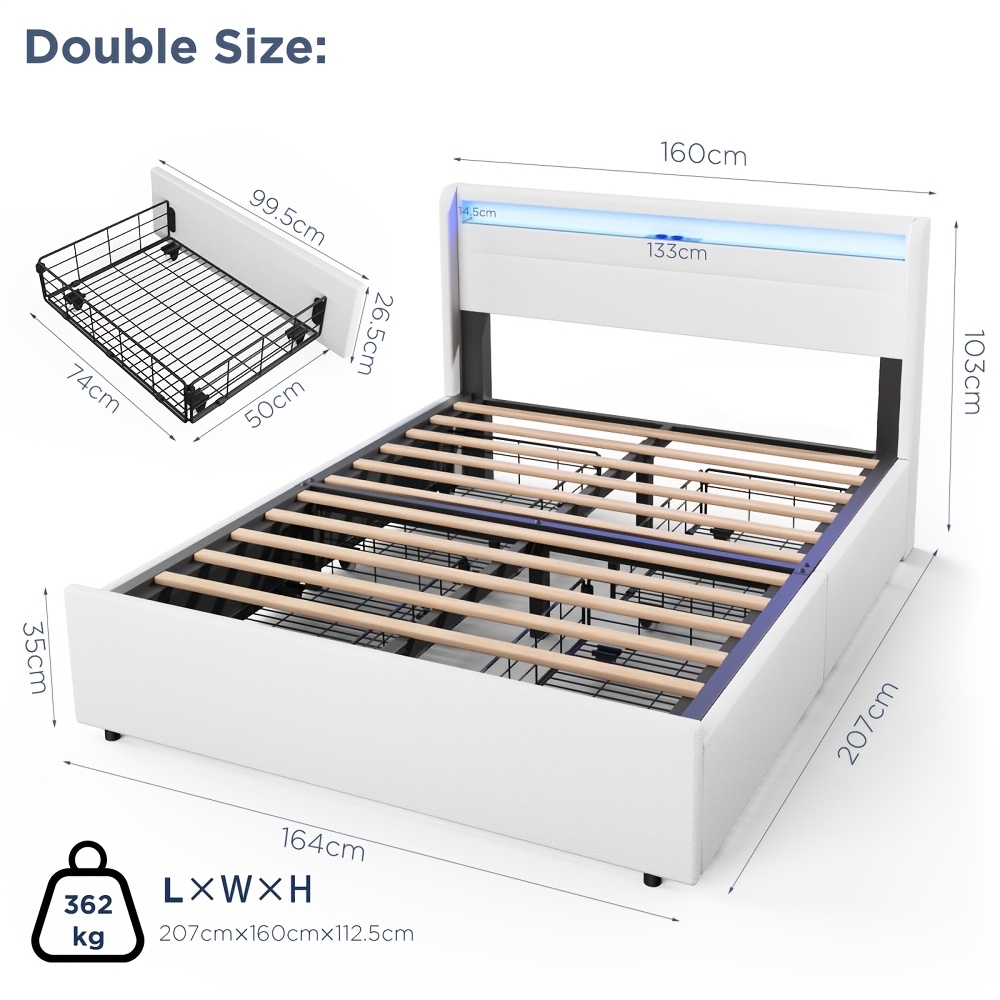White Upholstered Bed Led Lightting Double Bed Frame 160*200cm With 4 Drawer Bed Frame With Usb Port, Bluetooth Control, With , The Light Color Adjusted.