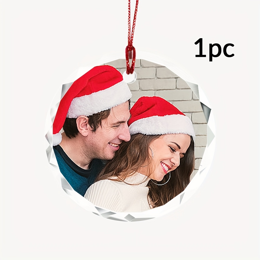 Image of 1pc Custom Photo Christmas Crystal Glass Ornament - Personalized Tree Hanging Decoration With Ribbon, Ideal For Home & Party Decor, Perfect Gift