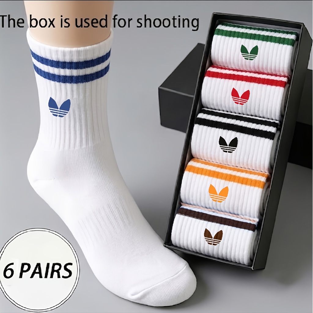 TEMU Lot de 6 paires de chaussettes aléatoires - Chaussettes tendance à deux rayures et lettres, unisexes pour homme et femme, respirantes et