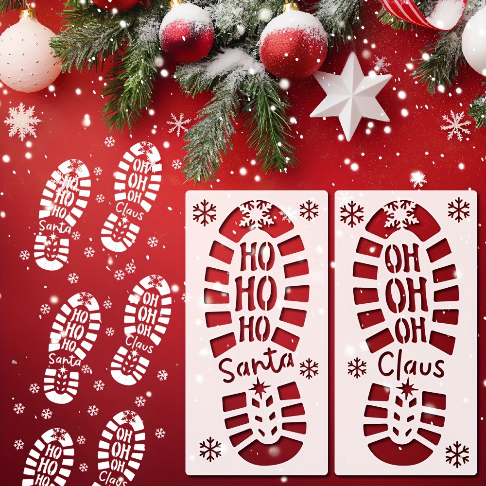 Image of 2pcs Christmas Santa Footprint Stencil For Painting On Wall, Large Santa Boots And Snowflake Patterns Pet Stencil Reusable, Diy Holiday Craft Templates For Floor Wall Decor Art Craft
