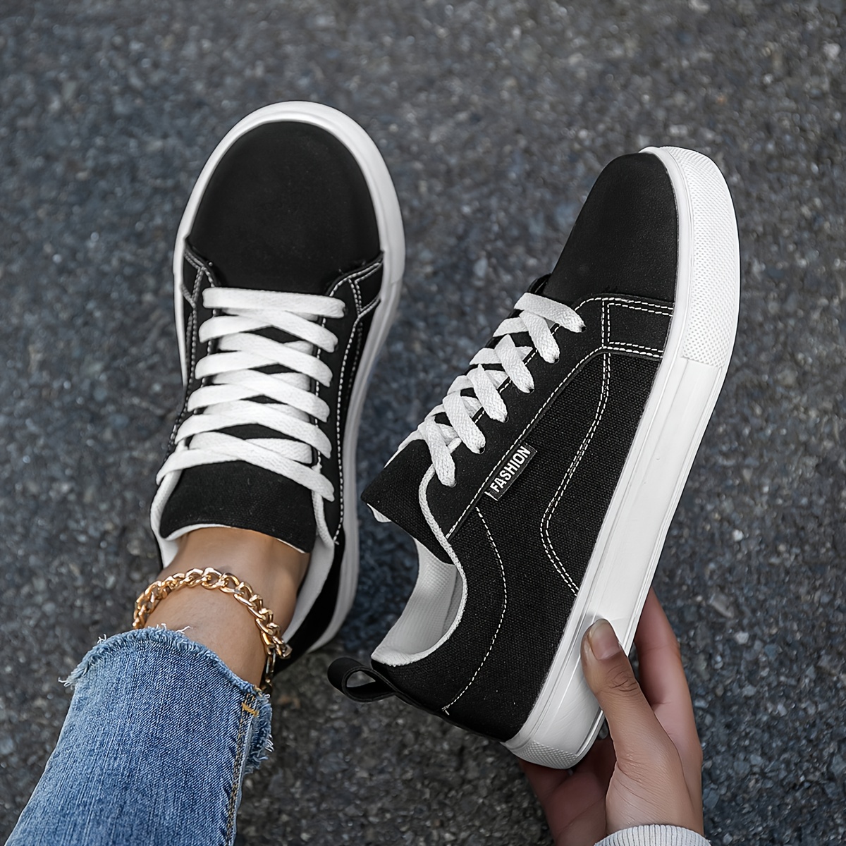 Women'-color Lace-up Flat Casual Skate Shoes, Black Versatile Everyday Street Comfortable Casual Sports Shoes, Women Shoes