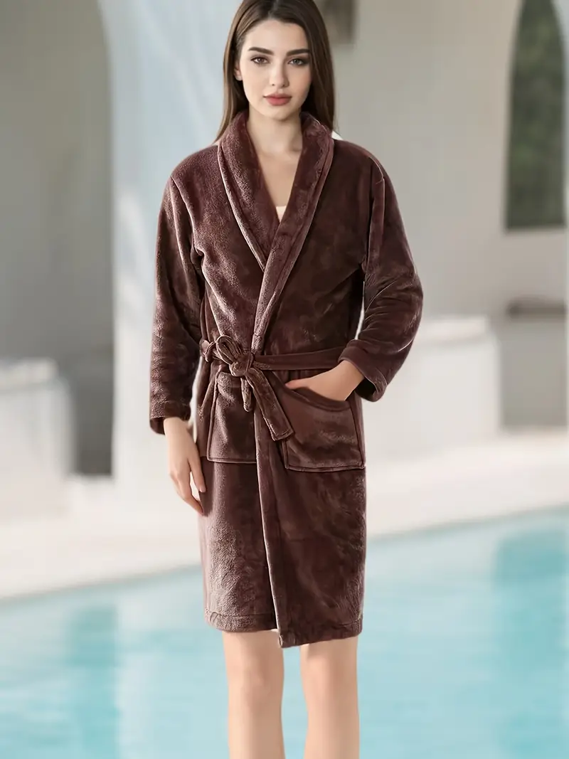 Elegant Polyester Bathrobe for Women - V-Neck Knee-Length Dressing Gown with Pockets, Belt Tie, Solid Color, Long Sleeve, Knit Fabric, Fall/Winter Sea Elegant Polyester Bathrobe for Women - V-Neck Knee-Length Dressing Gown with Pockets, Belt Tie, Solid Color, Long Sleeve, Knit Fabric, Fall/Winter Sea