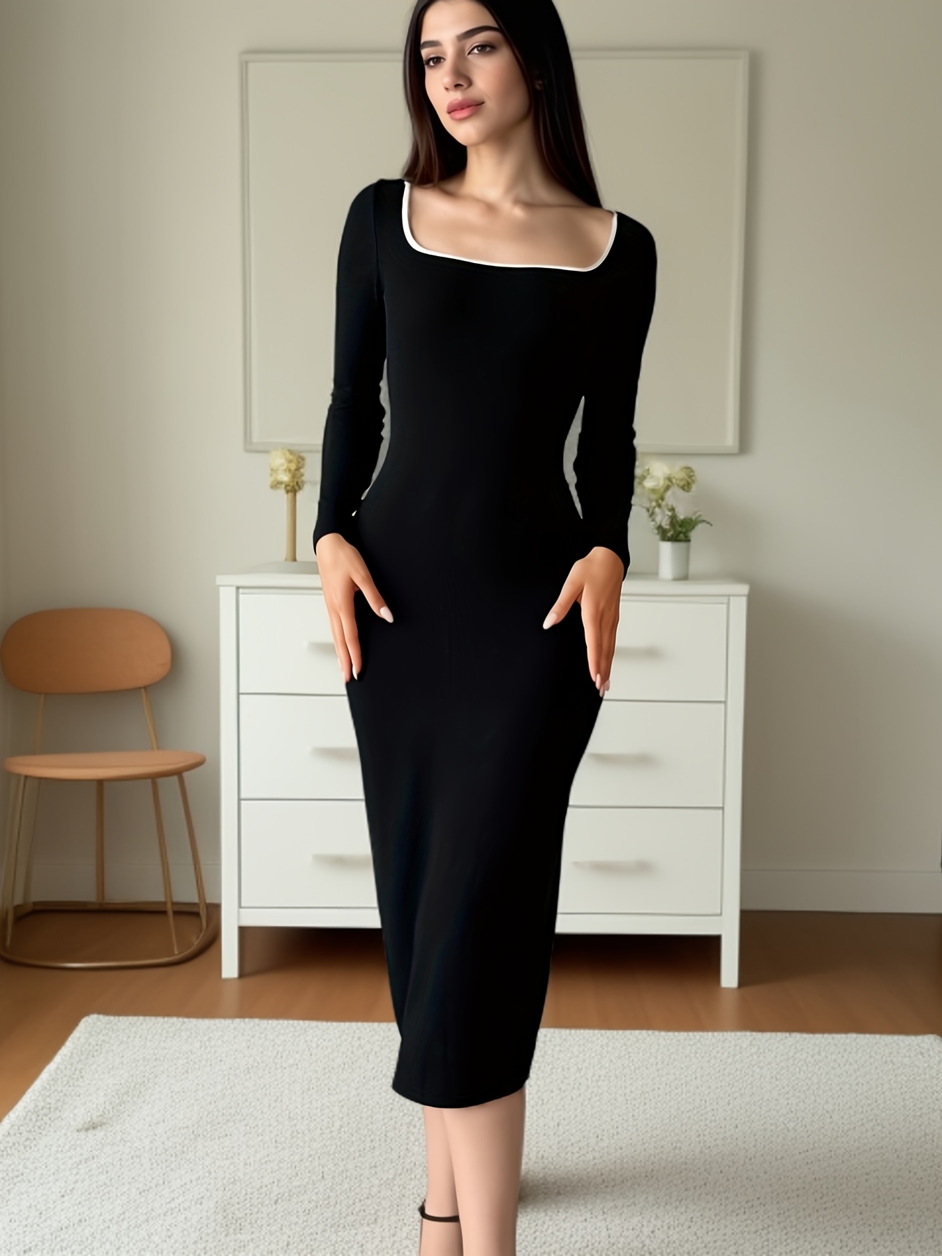 robe à col bateau manches longues noire silhouette Temu Switzerland