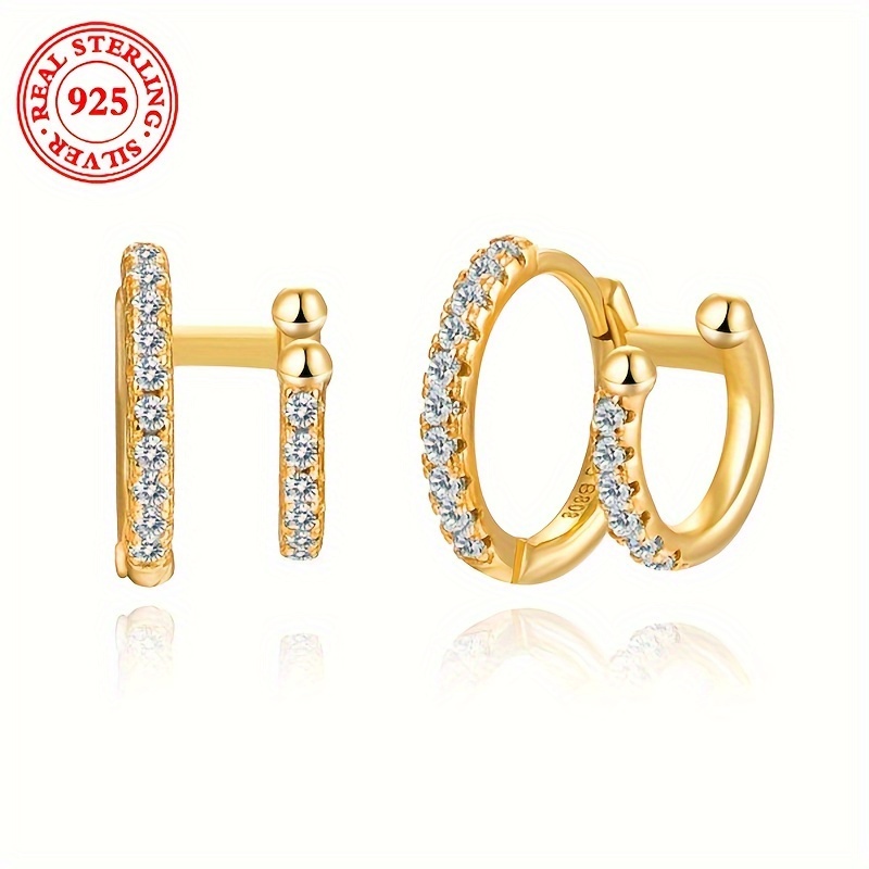 

Creative Double Rings Design Hoop Earrings 925 Sterling Silver Hypoallergenic Jewelry Zircon Inlaid For Women Daily Casual