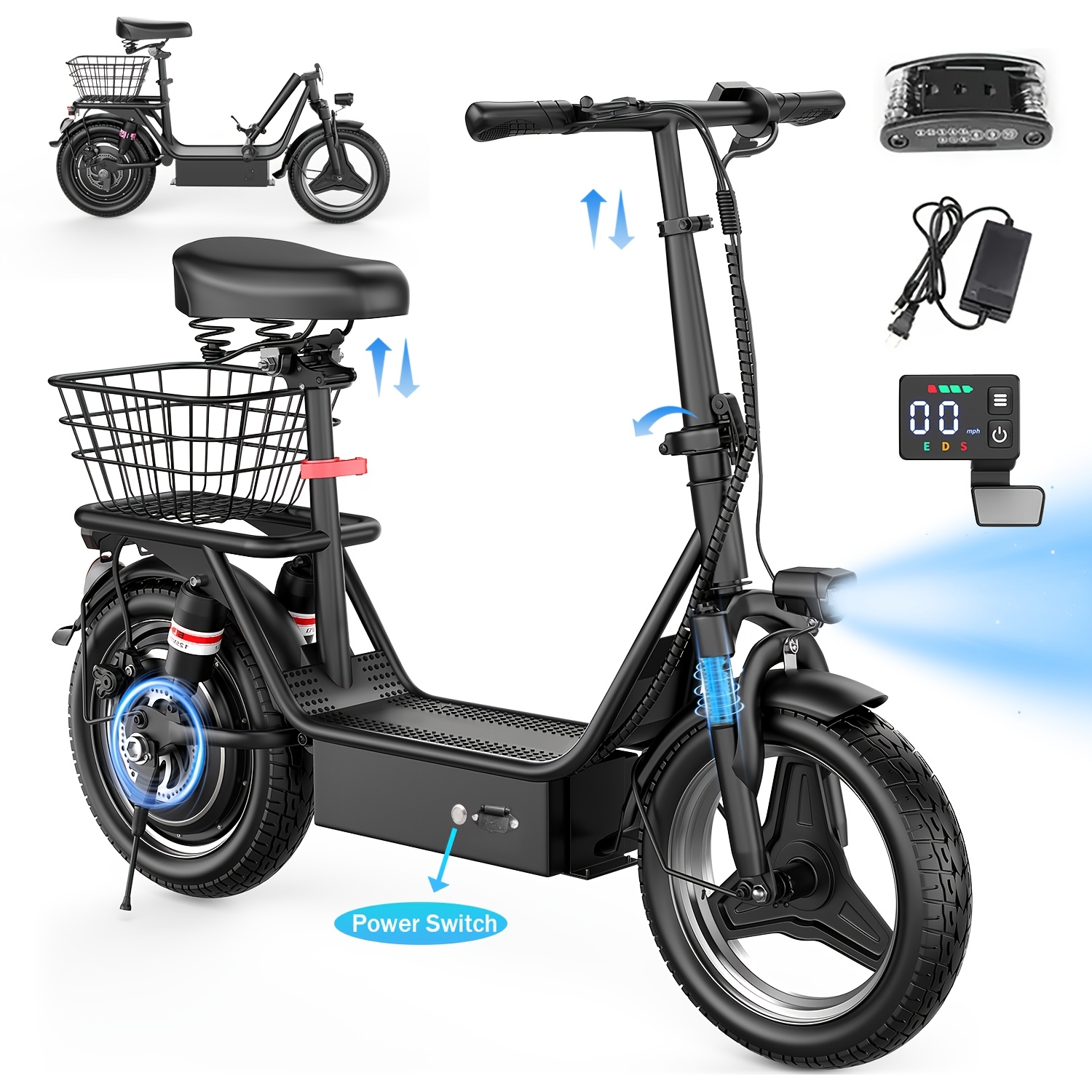 TEMU 749welectric Scooter With Basket, Electric Pet Scooter (with Anti-slip Floor Mats), 48v 15a Adult Electric Scooter, 35 Miles &3speed, Brakes, Absorption