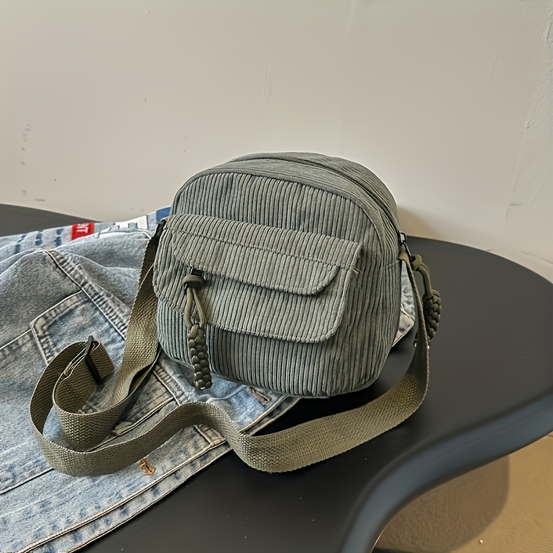 TEMU Sac Bandoulière Vintage en Velours Côtelé avec Sangle Réglable et Fermeture à Glissière - Cabas Japonais Harajuku, Sac à Bandoulière en Velours