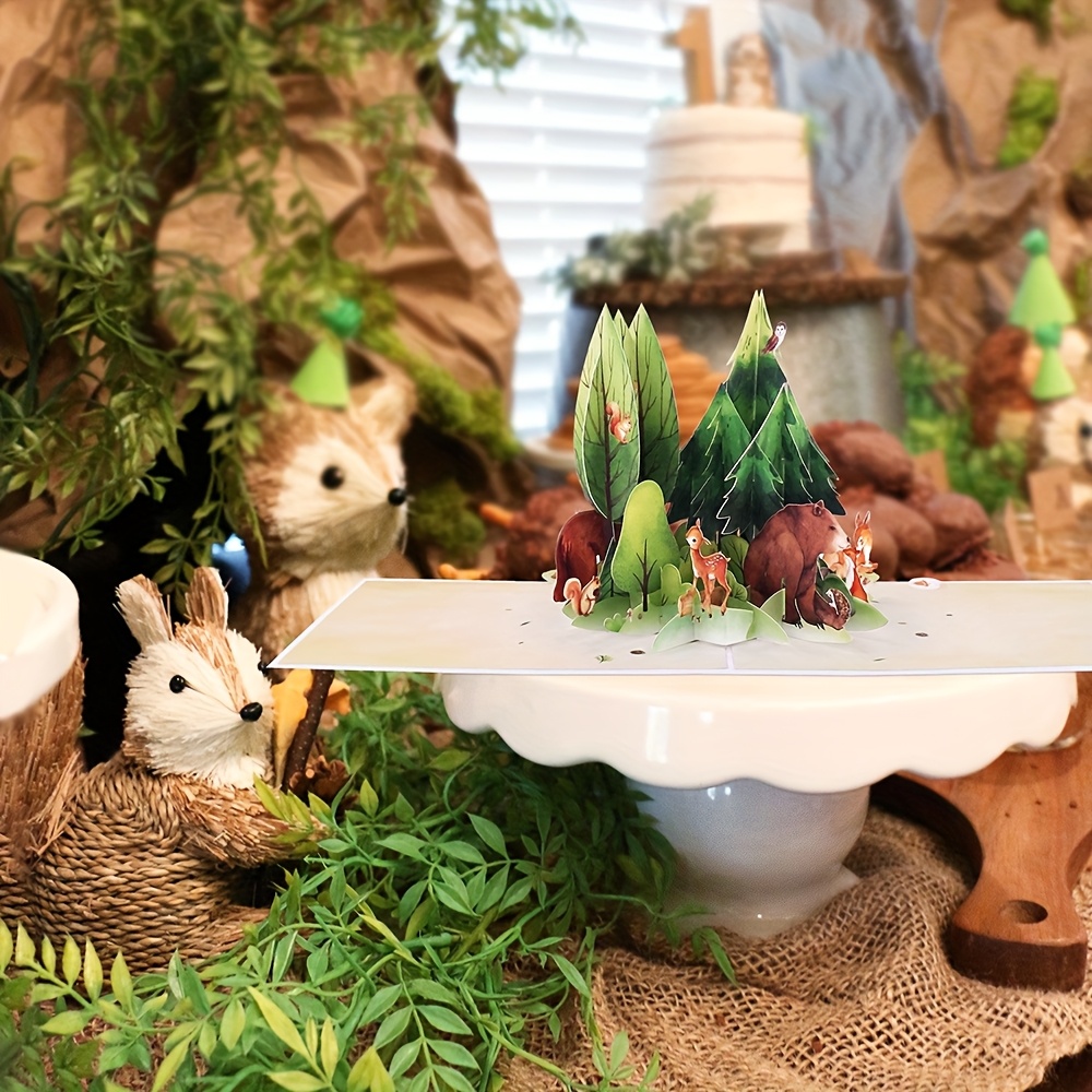 Image of 1pc Woodland Animals Pop-up Card - Ideal For Birthdays, Showers & Father's Day - Features Forest Scene With Squirrel, Deer, Bear & Rabbit - With Note Card & Envelope