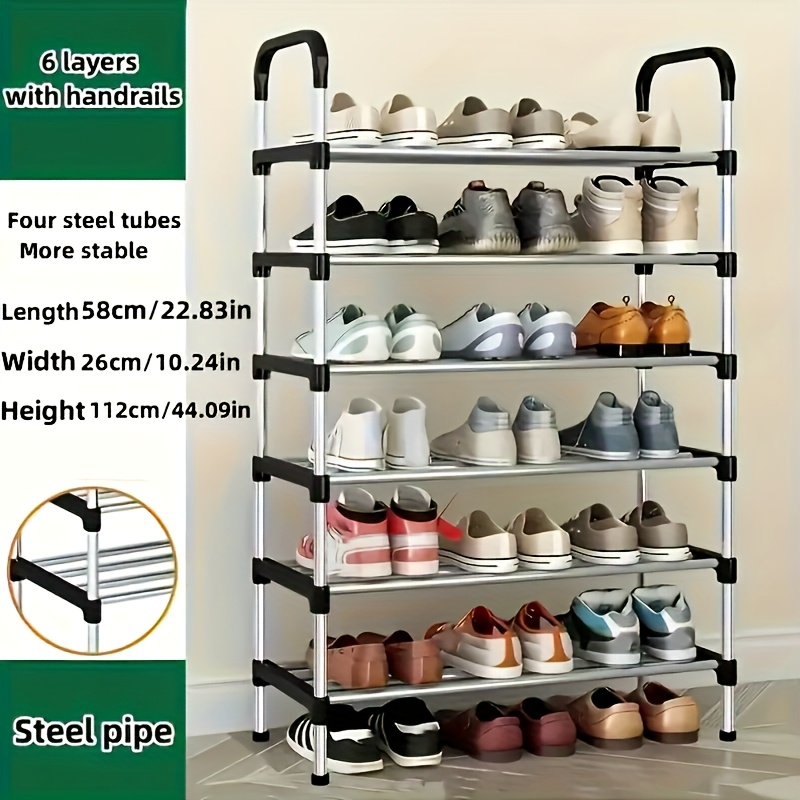 Étagère à chaussures simple à 6 niveaux | Meuble à chaussures de seuil de porte ménager anti-poussière, gain de place, facile à assembler, multi-niveaux avec accoudoir, métal et plastique durables, idéal pour organiser les chaussures et les accessoires