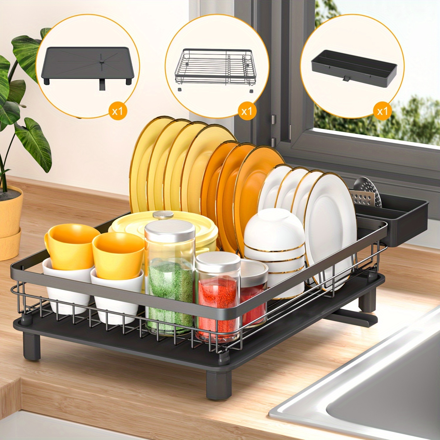 TEMU Dish Drainer Rack, Dish Rack With Drip Tray, Dish Drying Rack With Removable Cutlery Holder, Sink Drainer Rack
